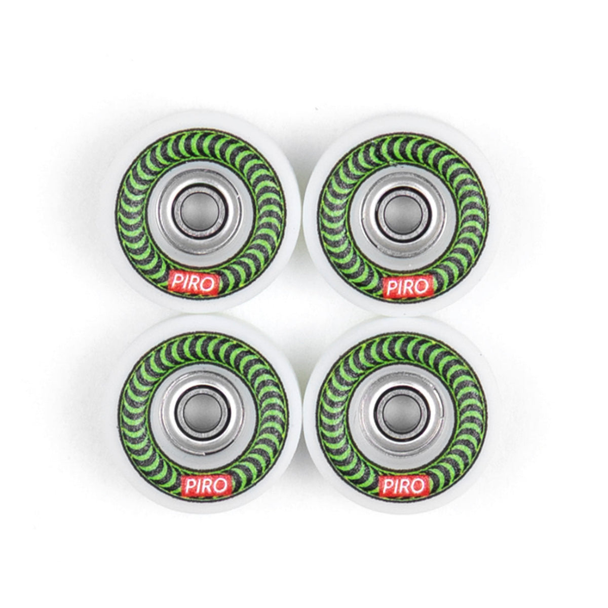 Four Swirl Piro fingerboard wheels with a green graphic and white urethane.