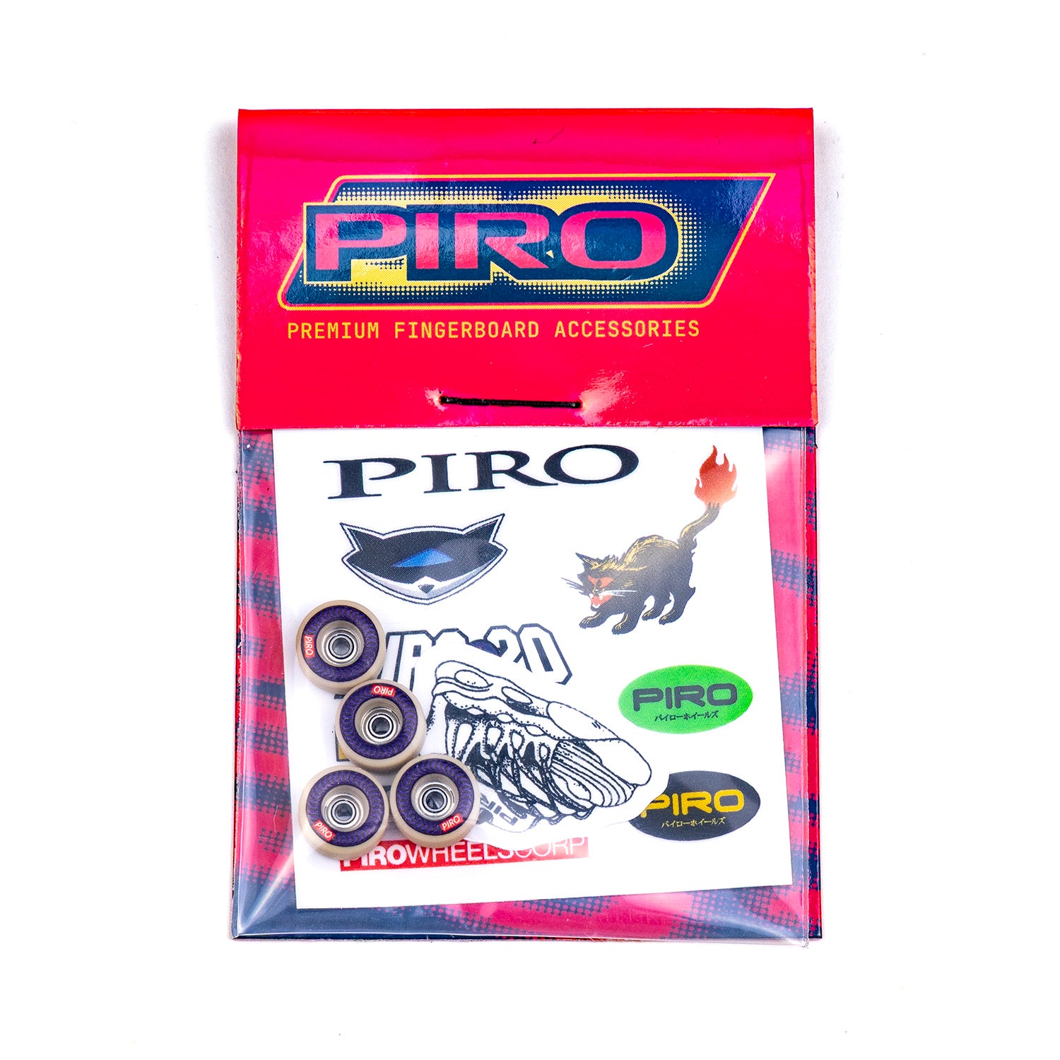 Tan Piro Wheels with a purple swirl graphic with packaging and stickers included