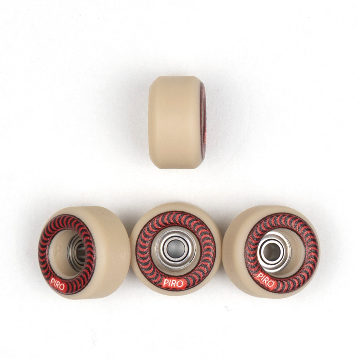 Tan Piro fingerboard wheels with a red spiral graphic on Performance shape