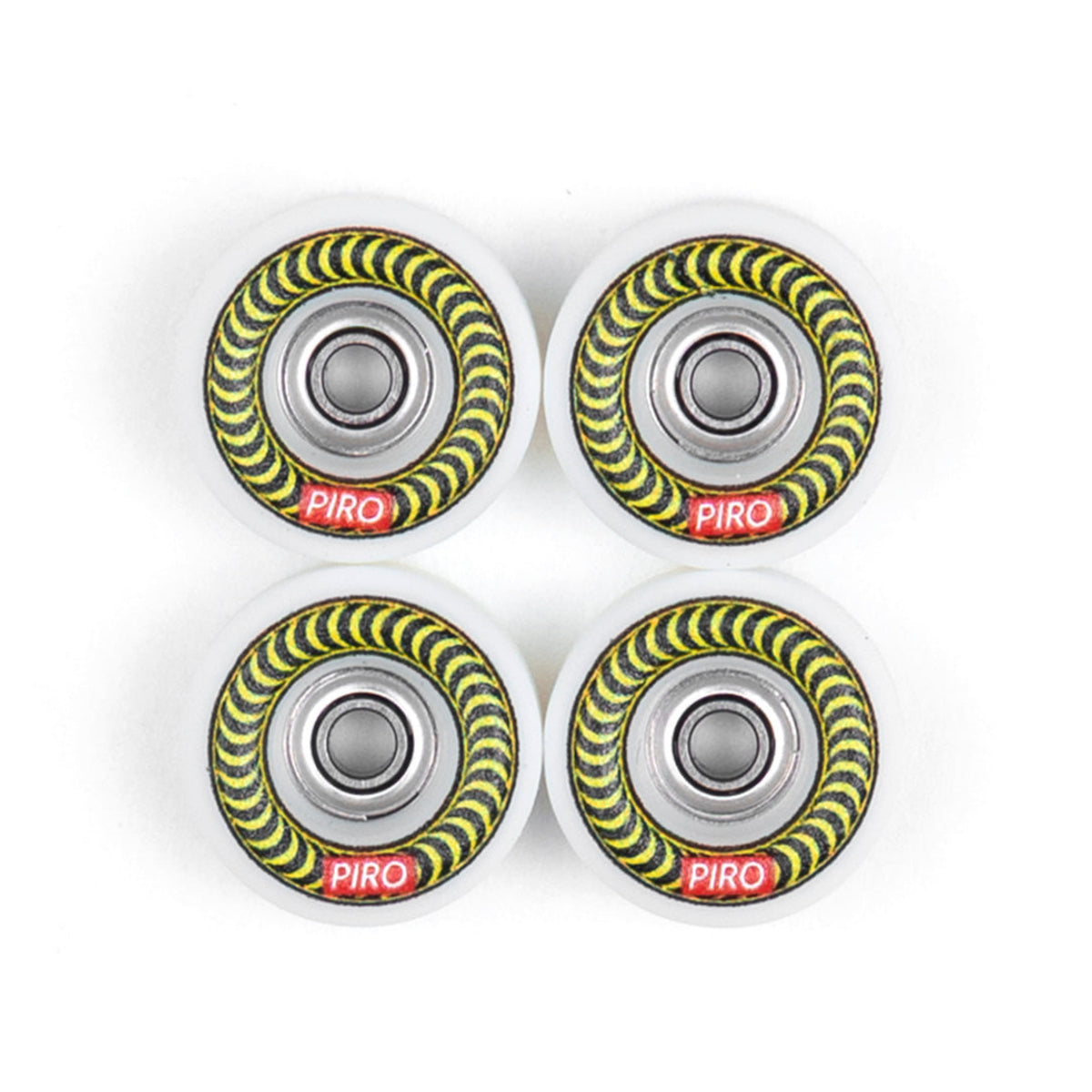 Four Swirl Piro fingerboard wheels with a yellow graphic and white urethane.