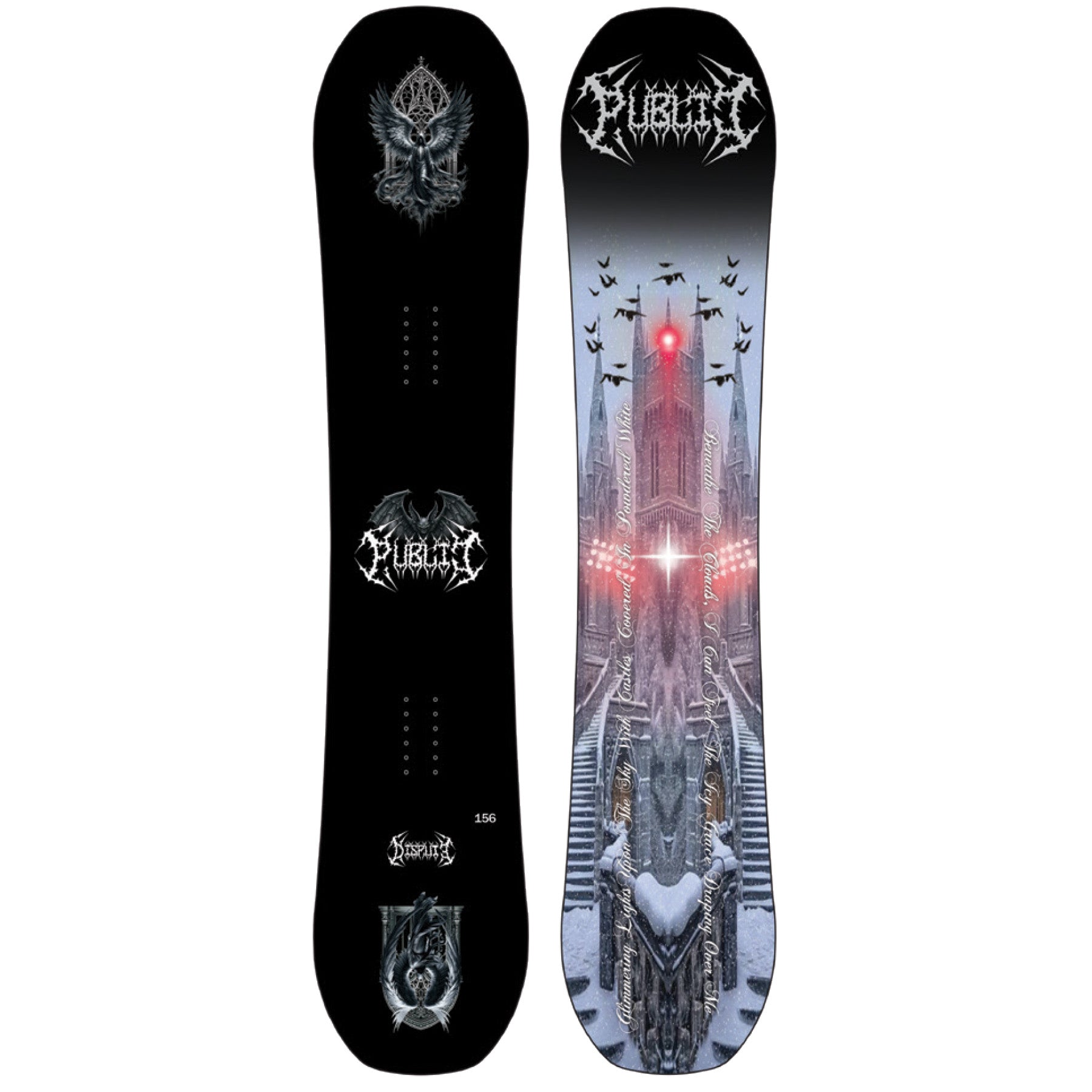 2026 Public Dispute 156 Snowboard with bat and gargoyle on the black top and castle on the Base
