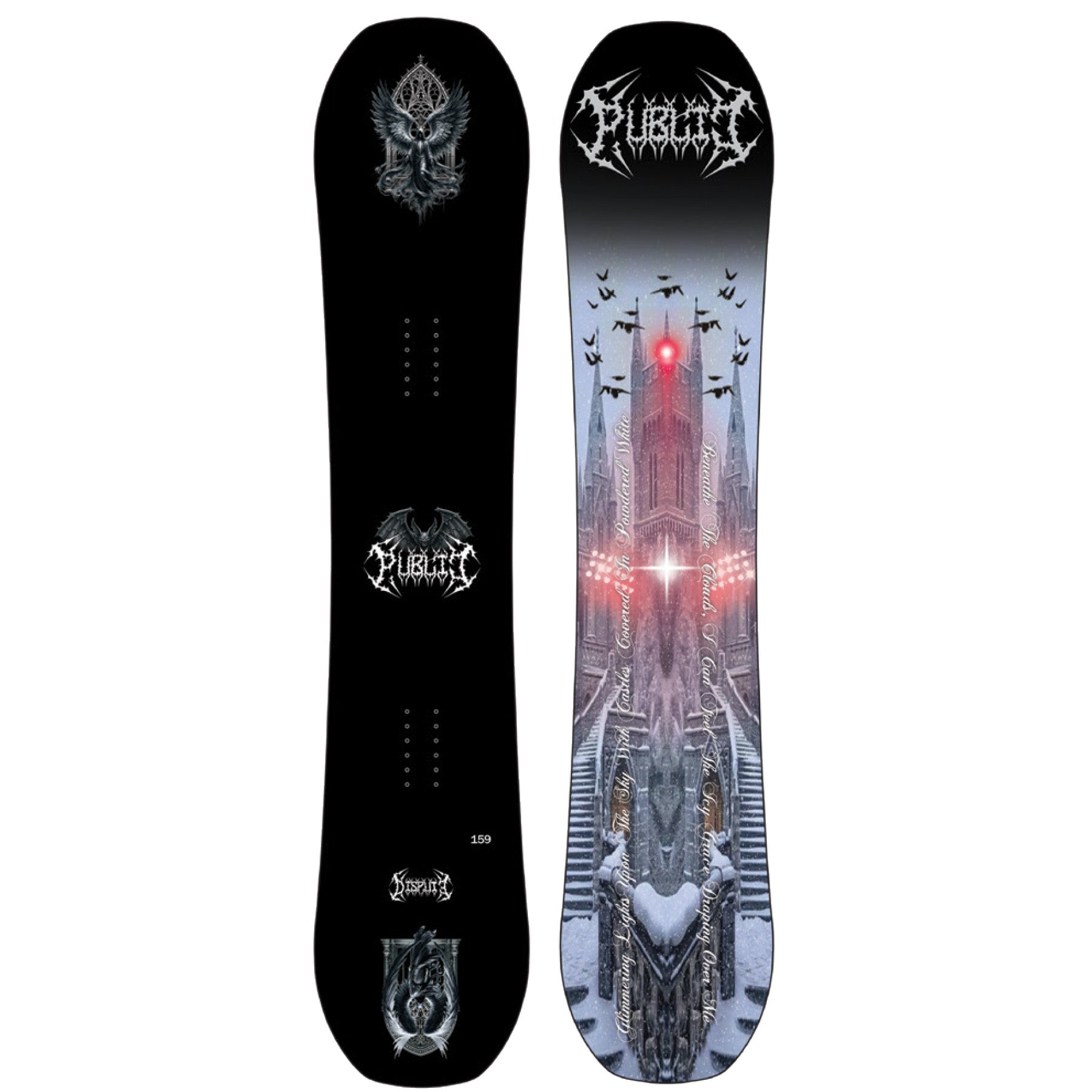 2026 Public Dispute 159 Snowboard with bat and gargoyle on the black top and castle on the Base