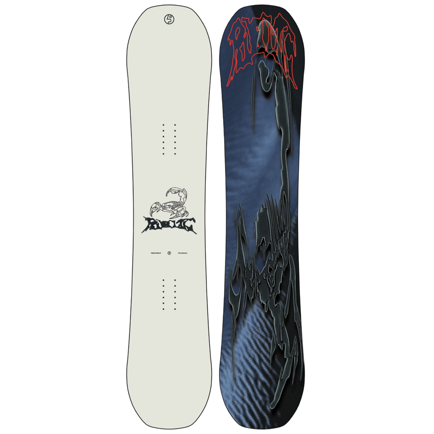 2026 Public Display 150 Snowboard with scorpian on the Tan top and and dark blue Base