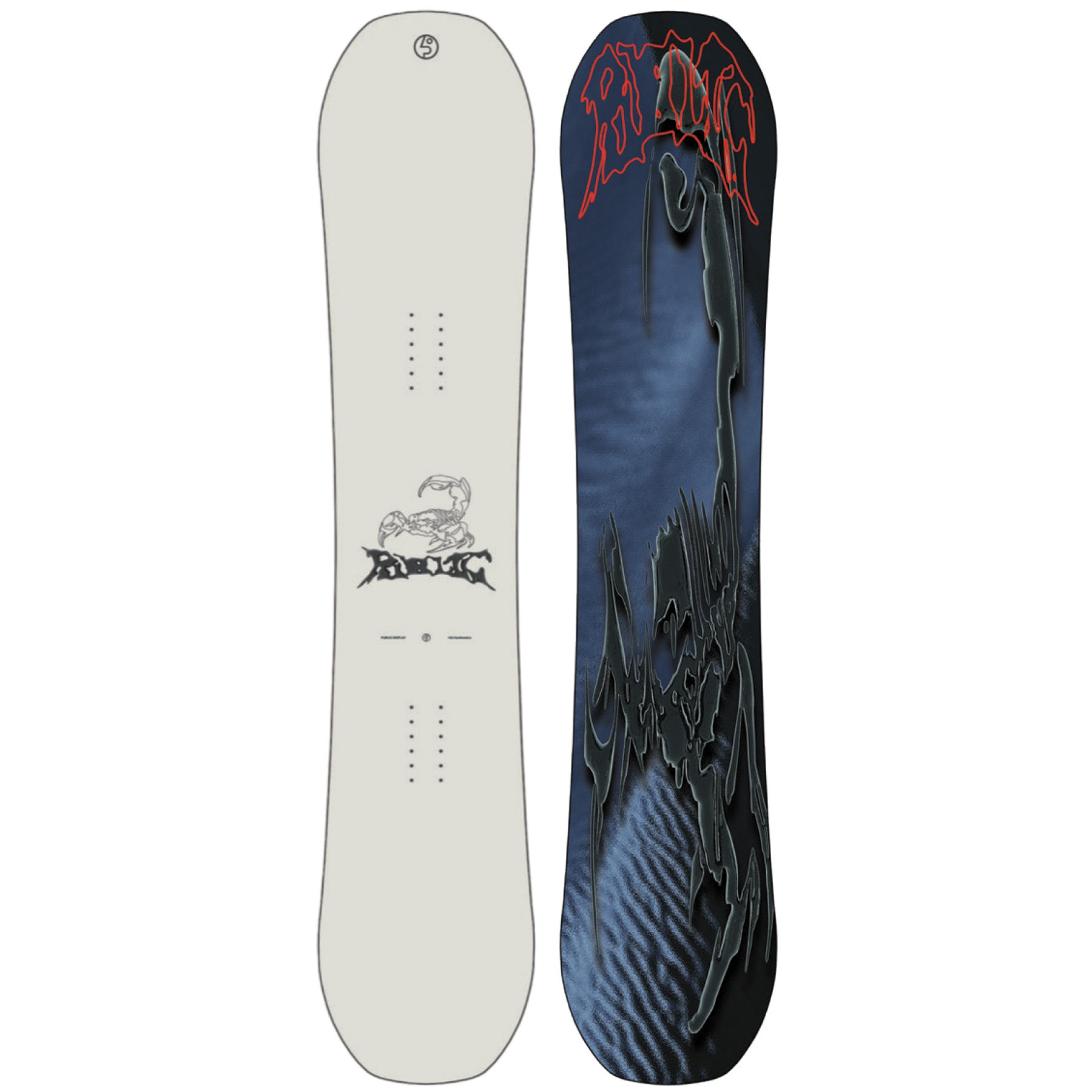 2026 Public Display 153 Snowboard with scorpian on the Tan top and and dark blue Base