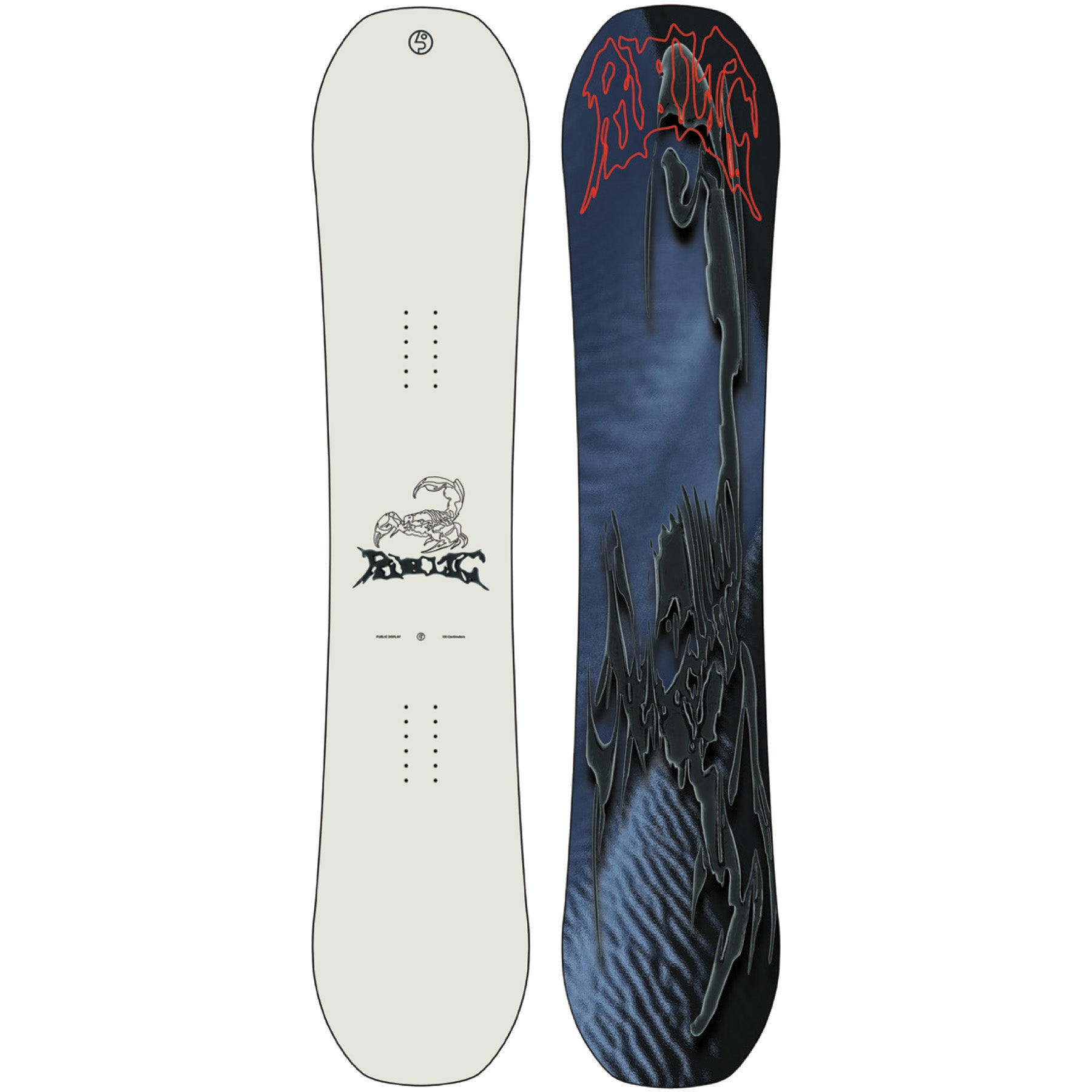 2026 Public Display 156 Snowboard with scorpian on the Tan top and and dark blue Base