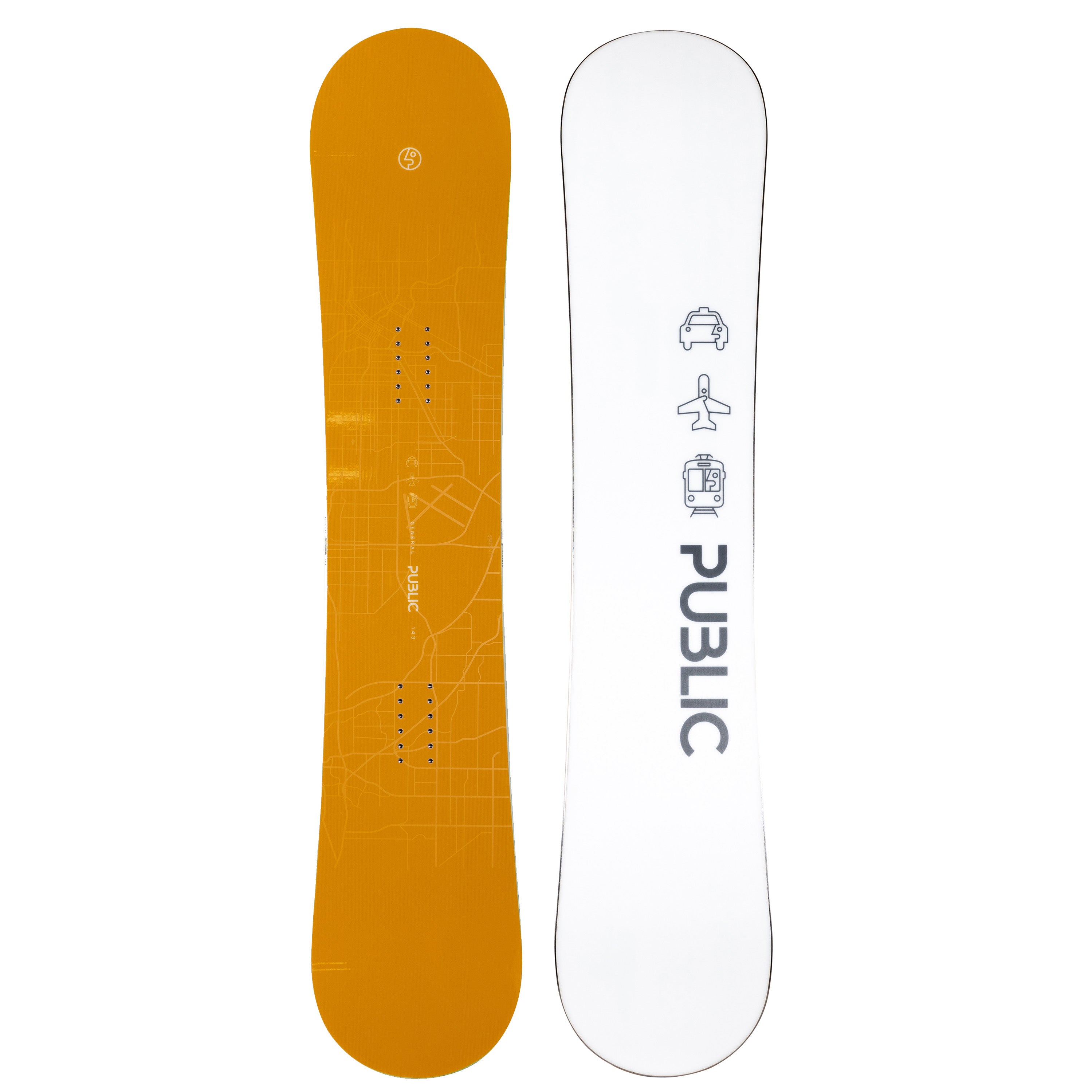 2026 Public General 143 Snowboard with Orange Top and White Base