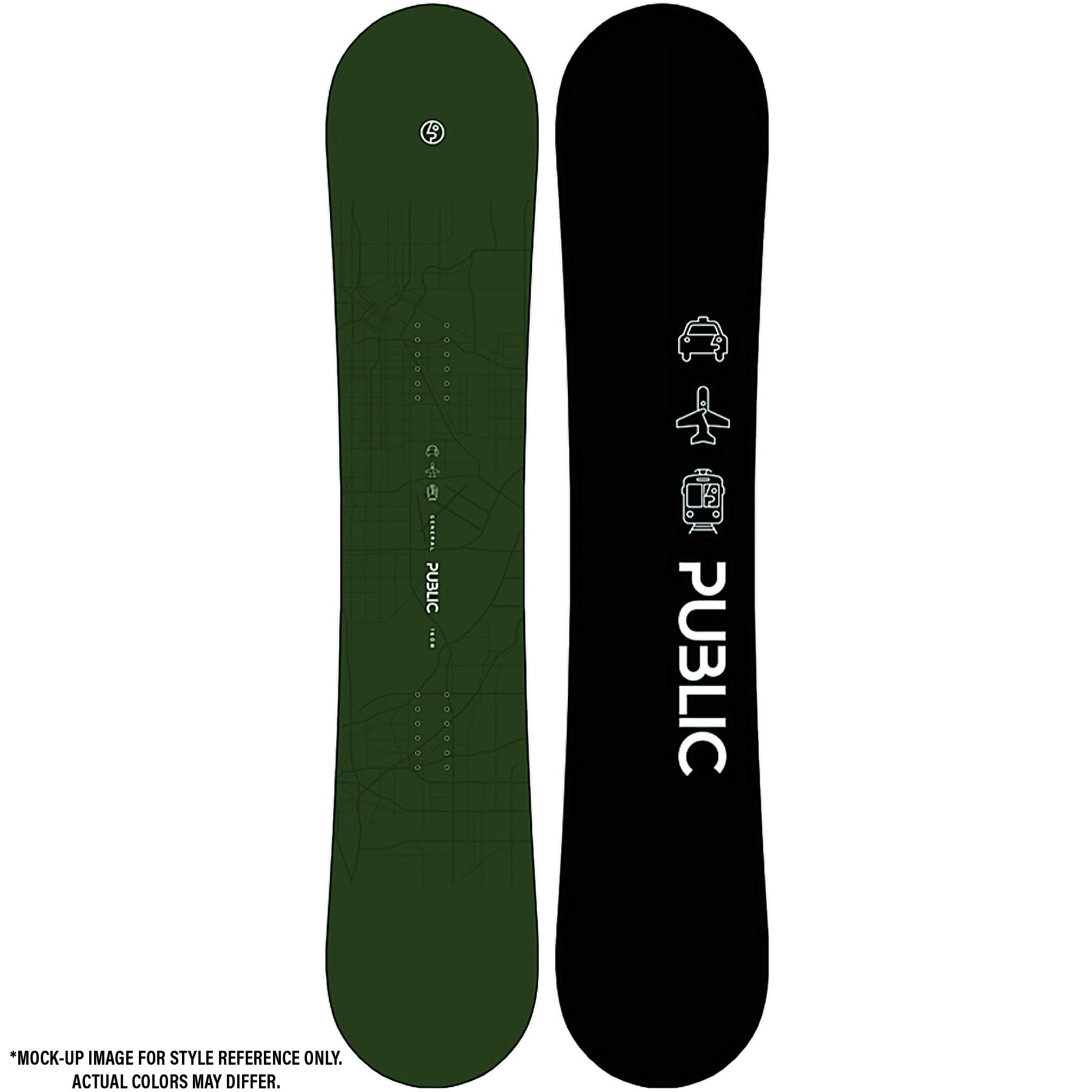 2026 Public General 160W Snowboard Mockup with Green Top and Black Base