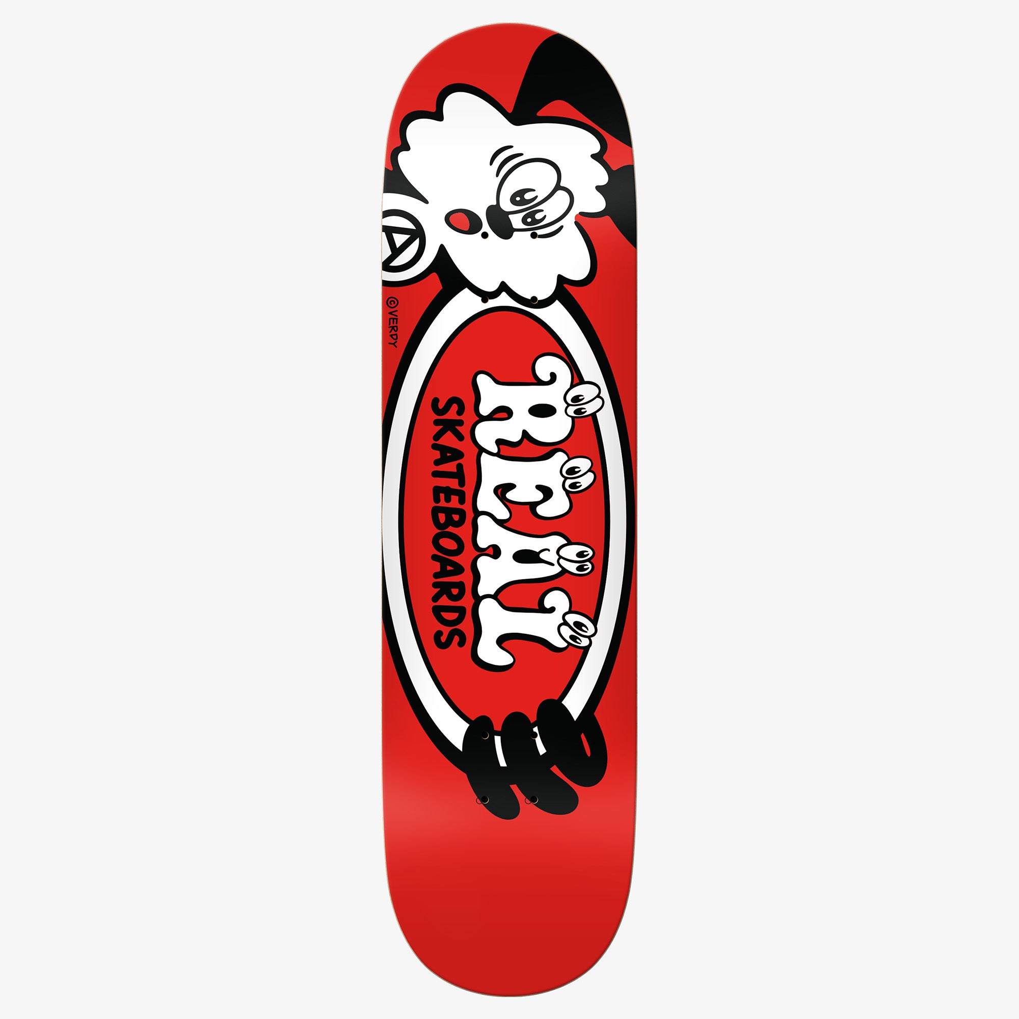 Red Verdy x Real Skateboards oval deck with cartoon Vick holding the real oval Logo