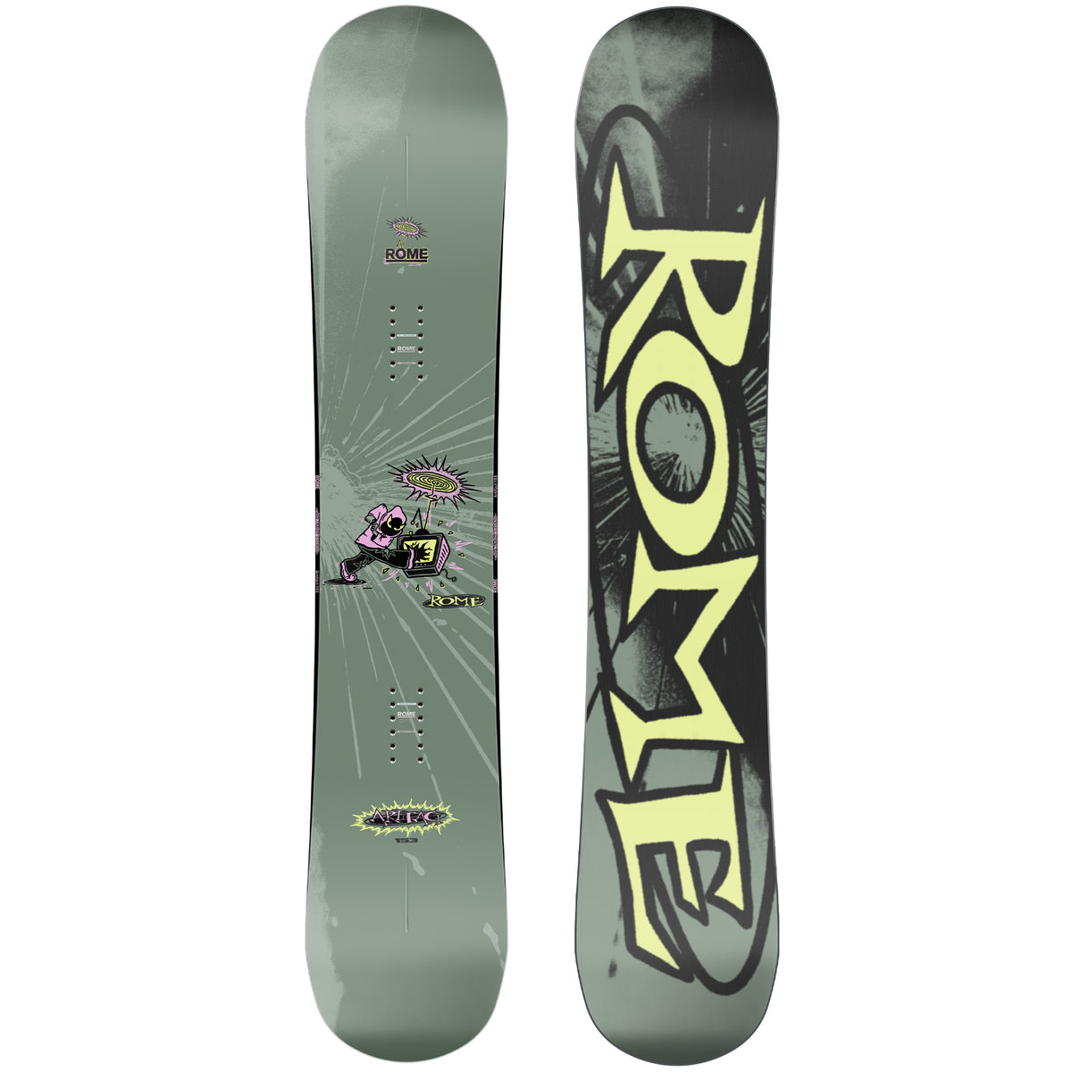 2027 Rome Artifact snowboard with black green and yellow base and reen top sheet featuring a guy kicking a tv