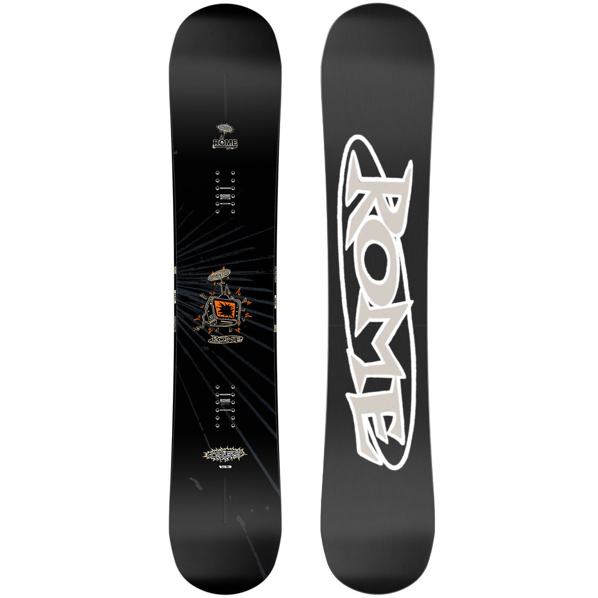 2027 Rome Artifact Pro snowboard with a black and grey bas and black top sheet with a brocken tv