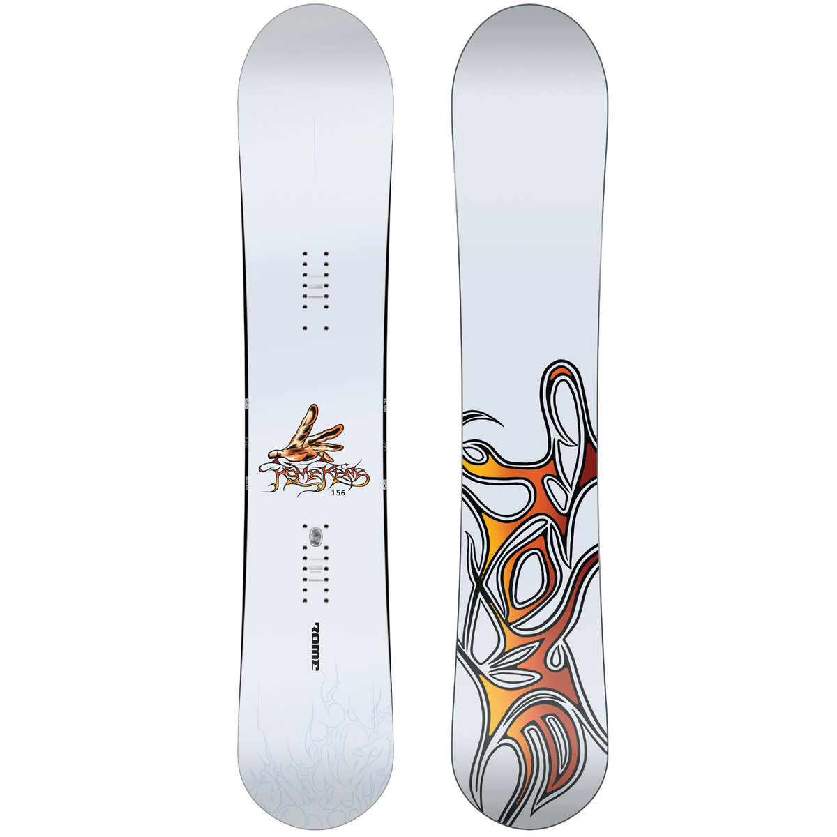 2027 Rome Rene snowboard featuring a white top and white base with a hand and script design