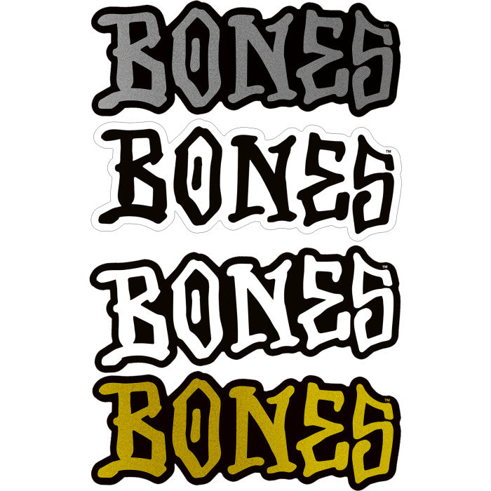 Silver, black, white, or gold Bones Wheels Skateboard Sticker