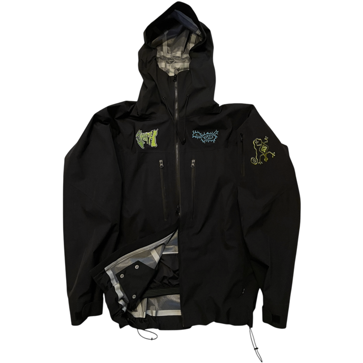 Black Smoth snowboard jacket with embroidered logos on chest and arm