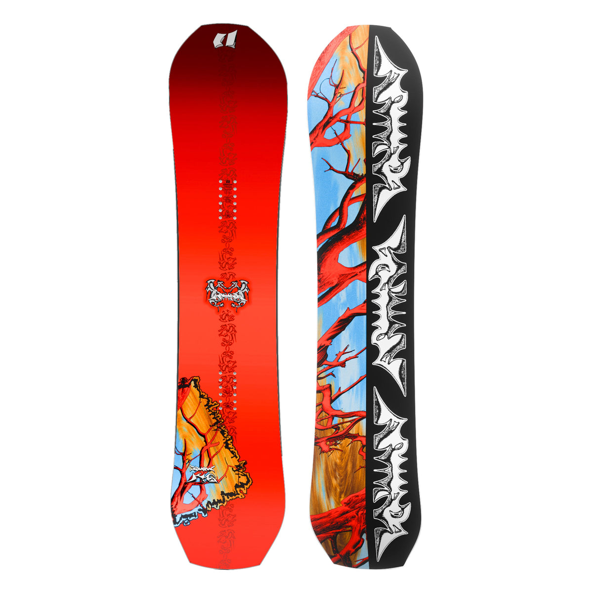 top and bottom views of the 2027 Armada Squonk snowboard featuring a red with a crazy tree and sygilism top sheet and base with half black/white half colored artwork