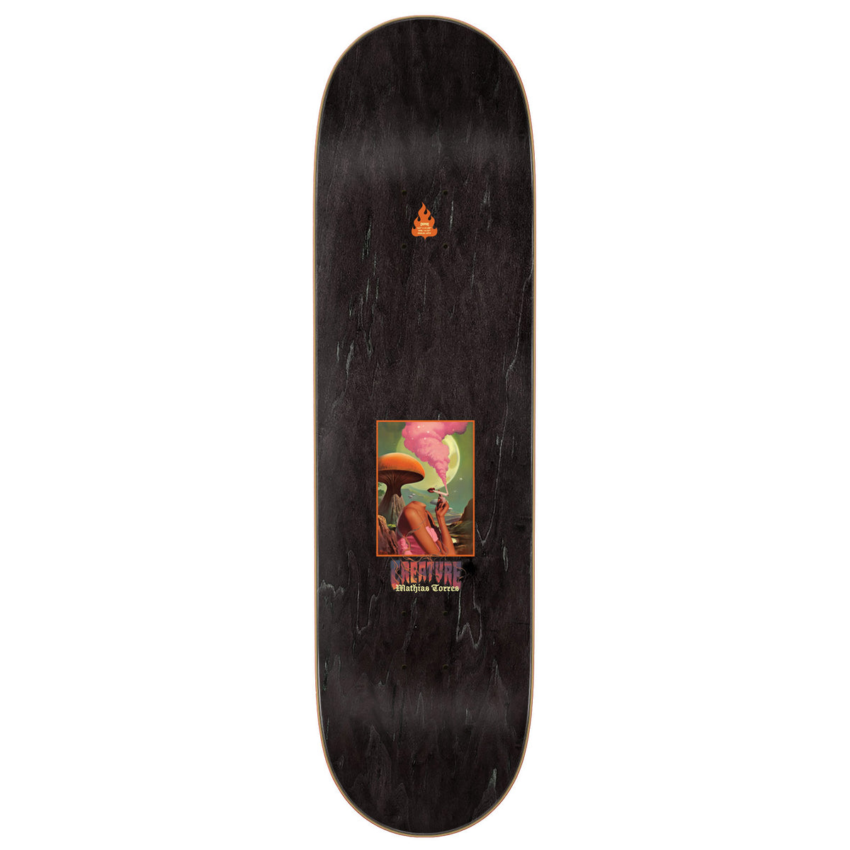 A dark wood skateboard deck with a black finish, featuring a central square graphic of a mushroom-themed character and the text 'CREATURE ', with a small orange flame logo near the nose.