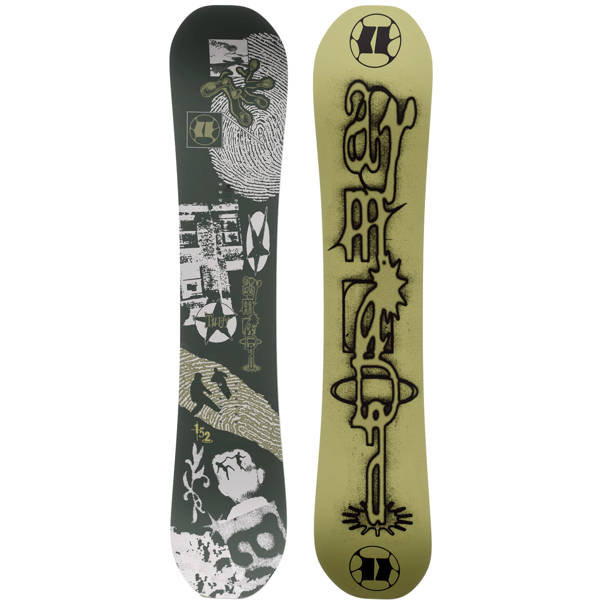 2027 Armada Tuffy snowboard top and botom shots featuring a matte green and white top sheet and army green and black base
