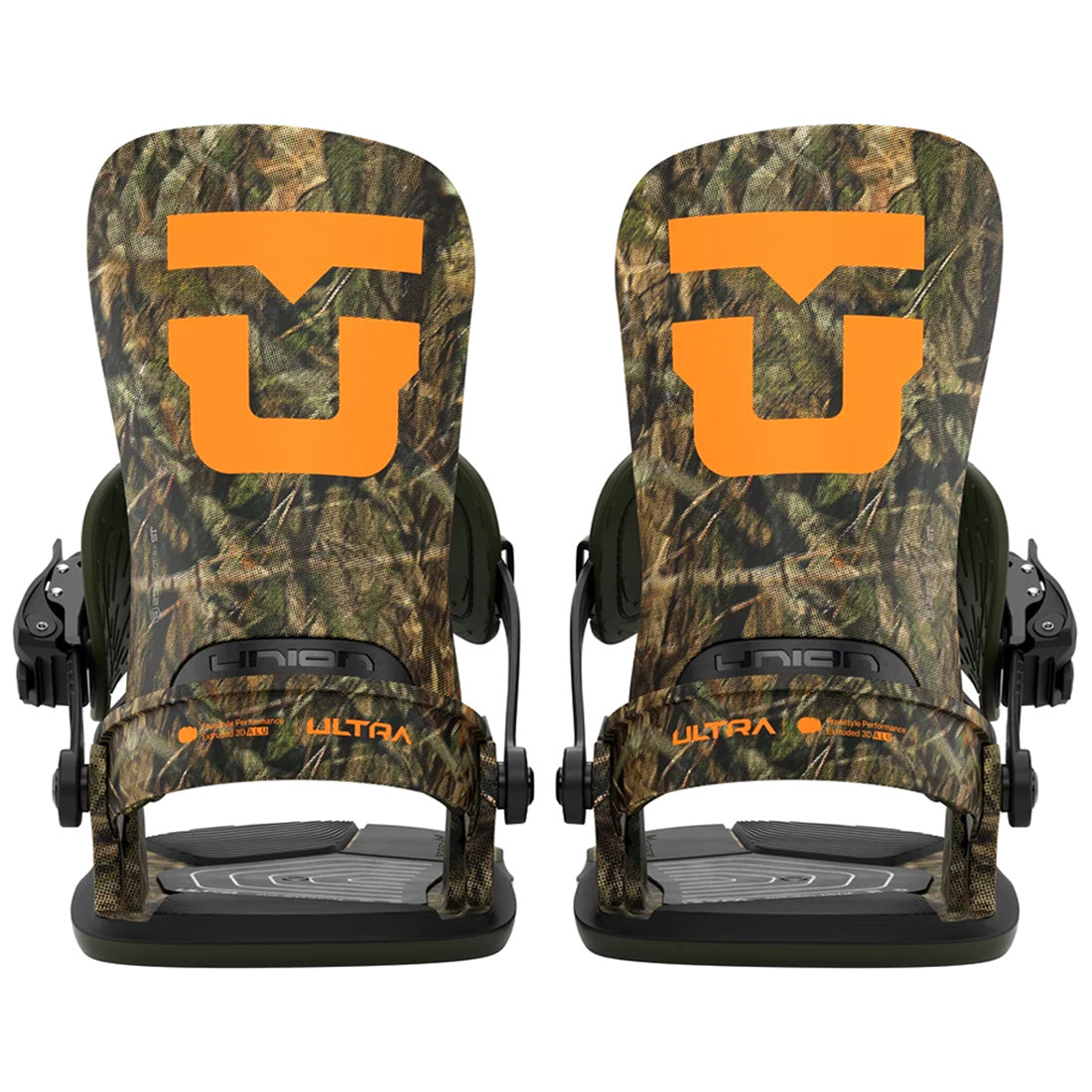 Pair of new Camo 26/27 Union Ultra snowboard bindings with orange logos