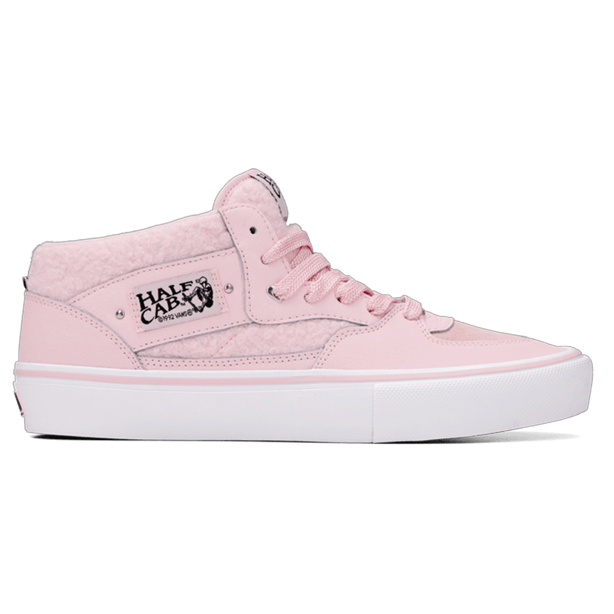 Pink and white Vans Half Cab skate shoe with sherpa wool