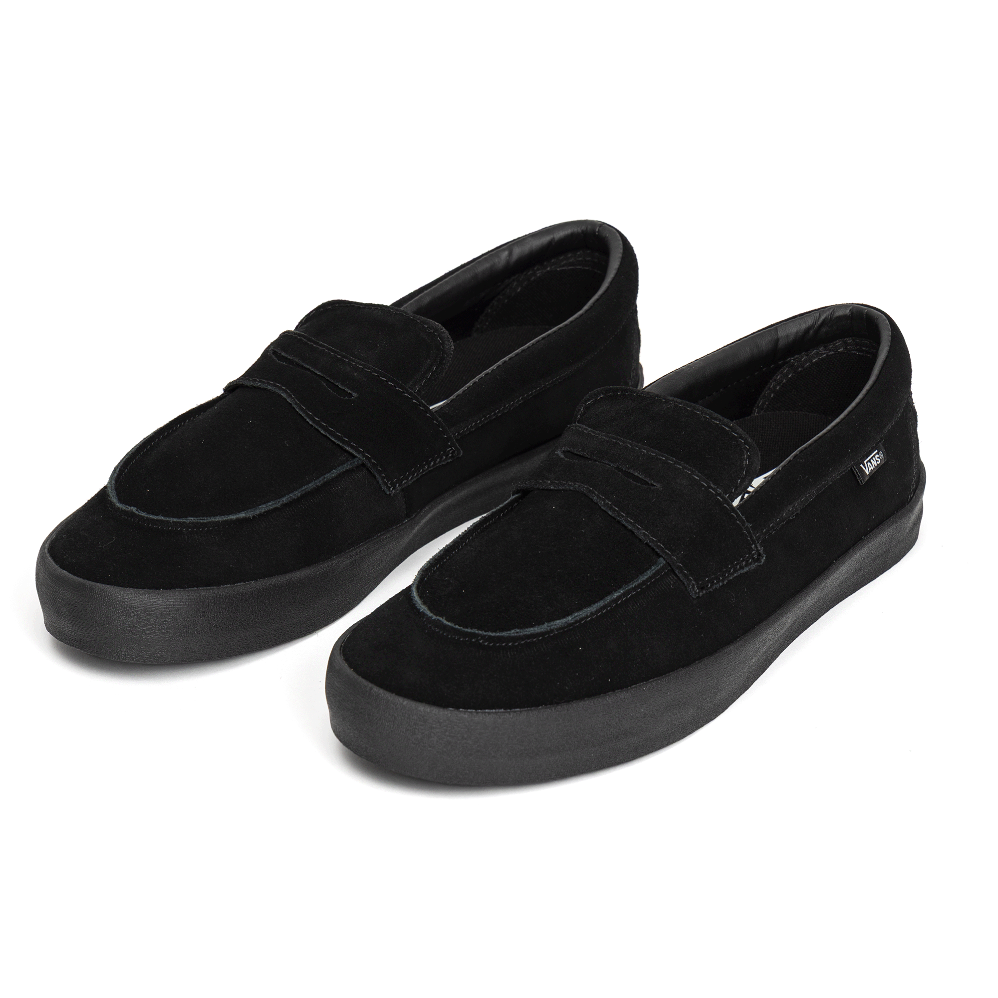Pair of all black suede Vans Skate Loafer shoes