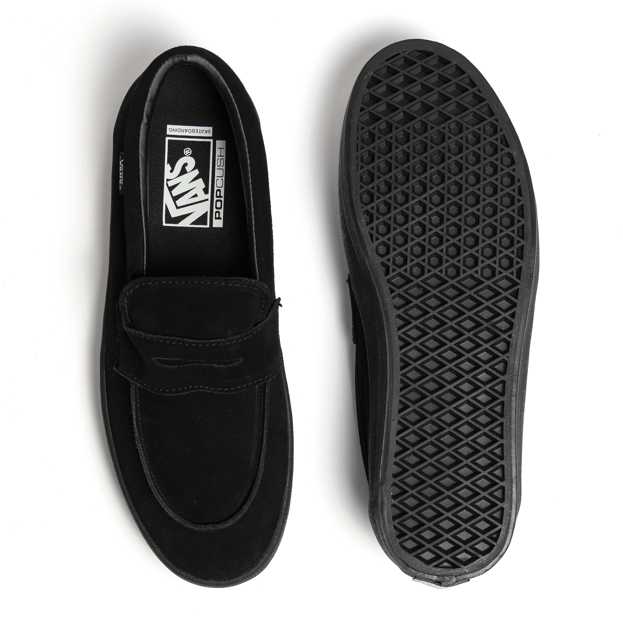 All black suede Vans Skate Loafer shoe top and sole view