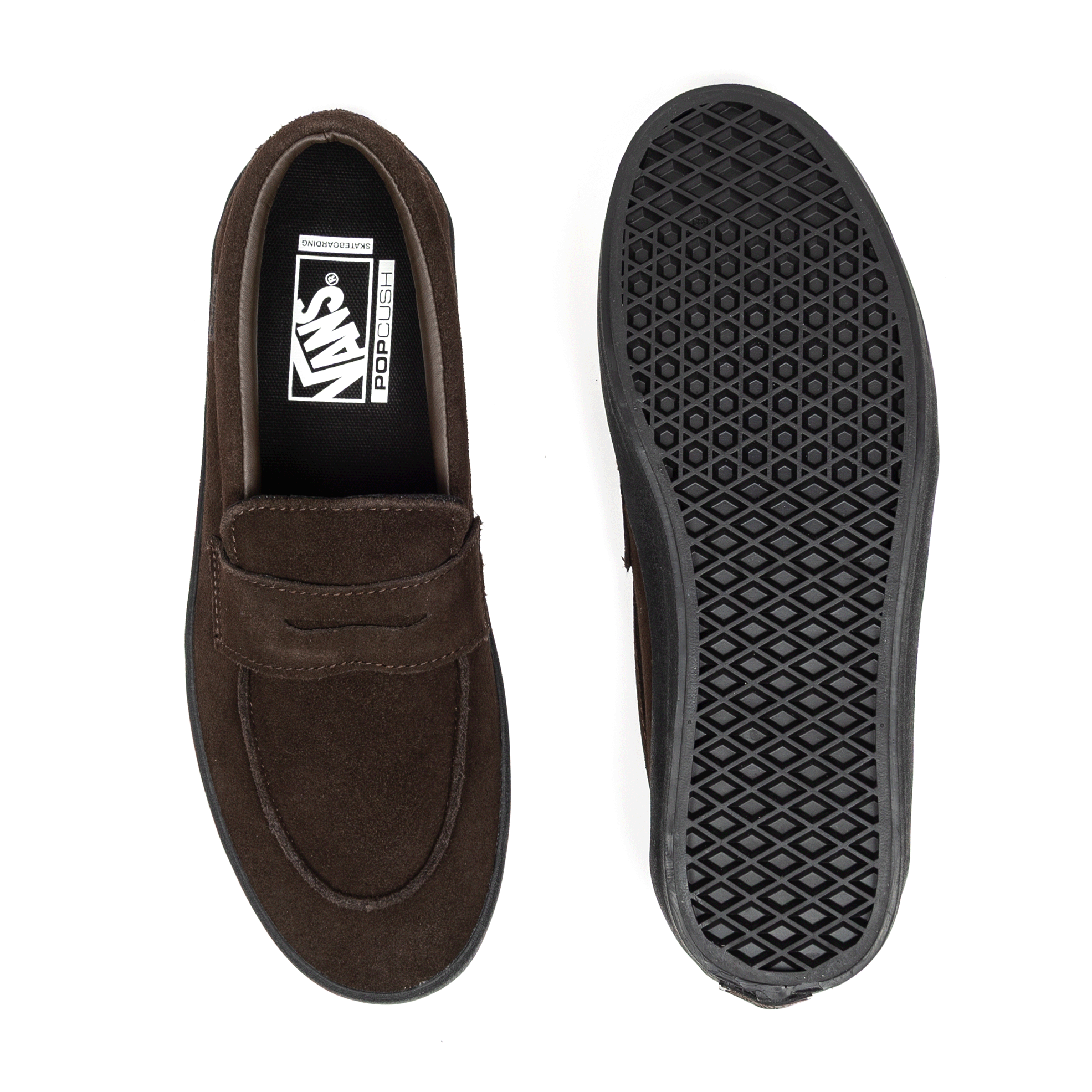 Brown and black suede Vans Skate Loafer shoes top and sole view