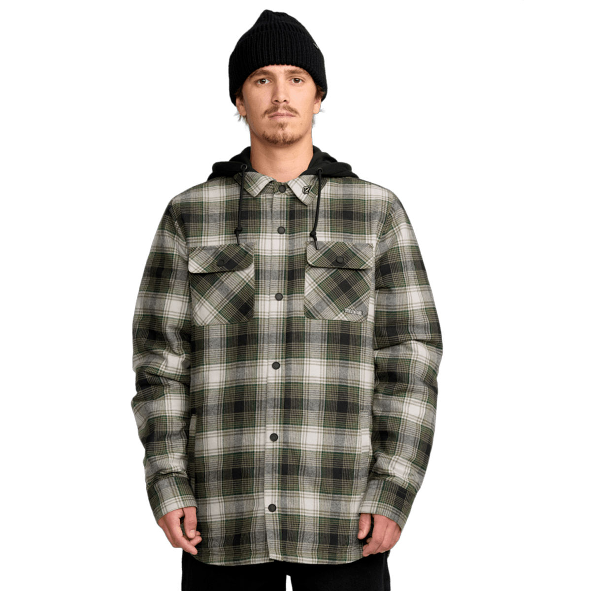 Grey and Green Volcom Kenson Insulated flannel with removable hood