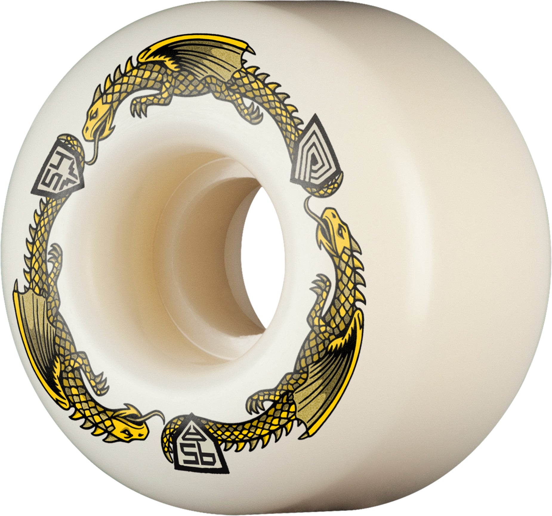 White and yellow Powell Dragon wheels with yellow dragons