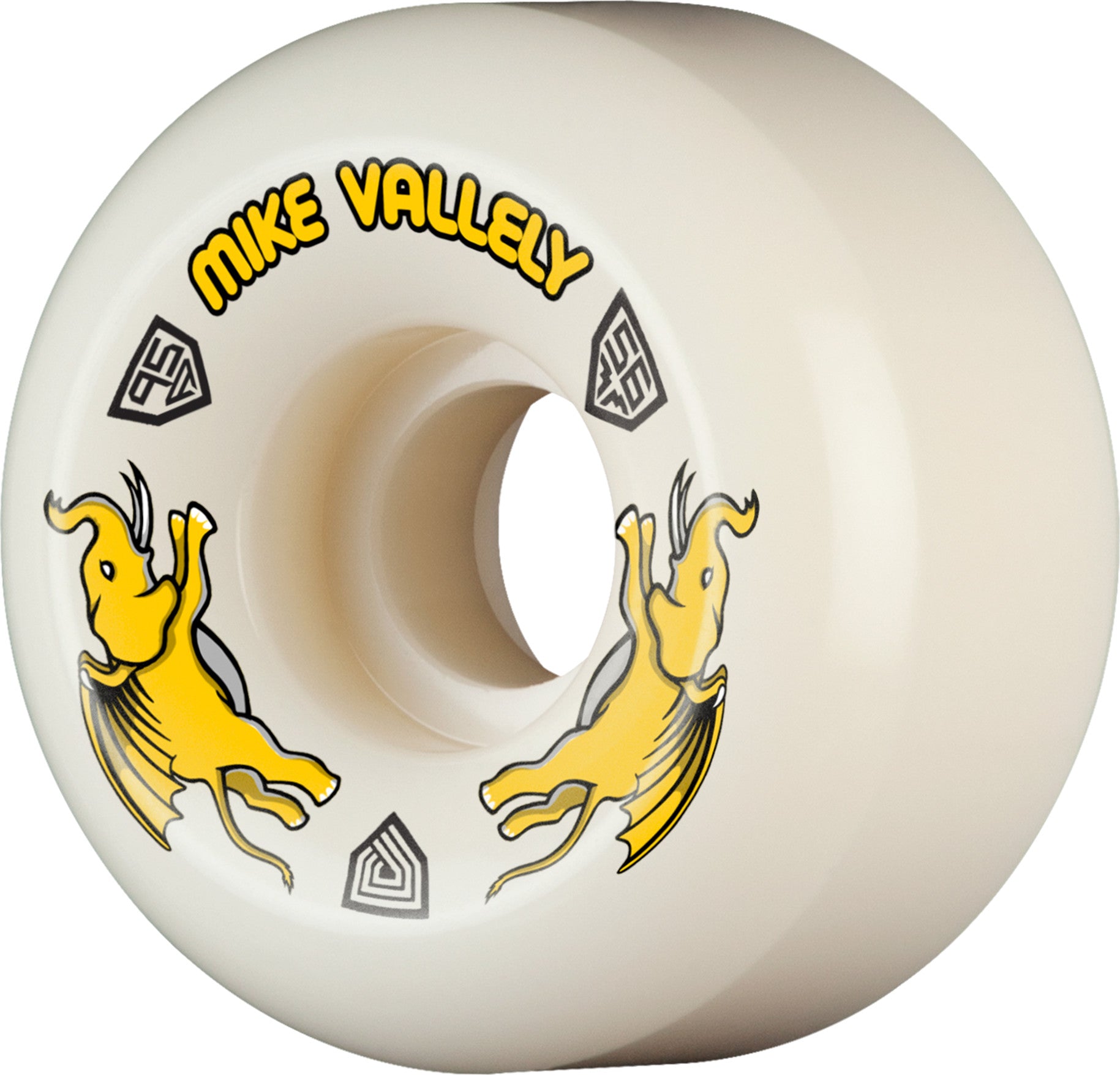 White and yellow Mike Vallely Dragon formula skateboard wheels with a elephants