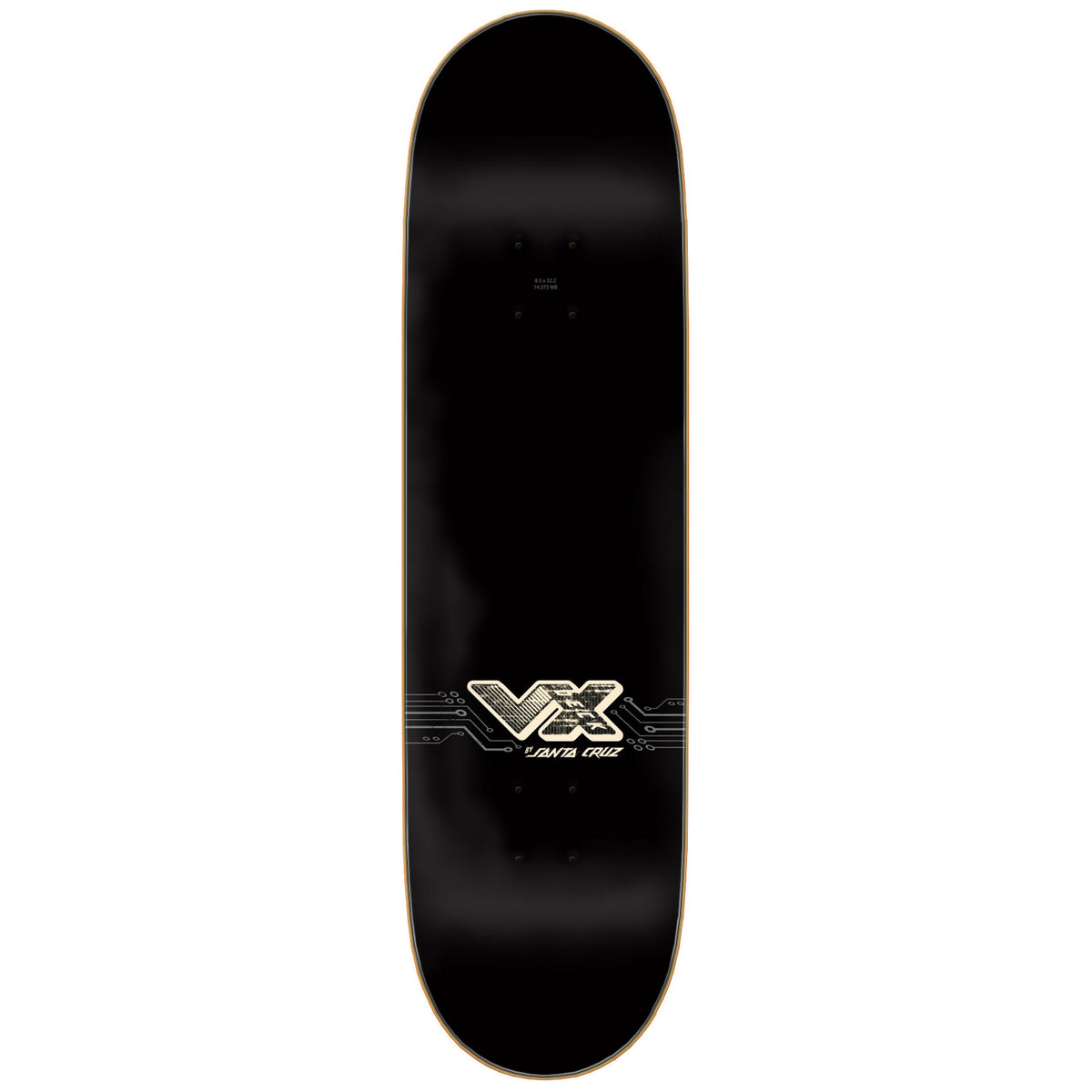 A blackSanta Cruz top skateboard deck with a metallic silver VX logo andSanta Cruz text under, shown against a plain white background.