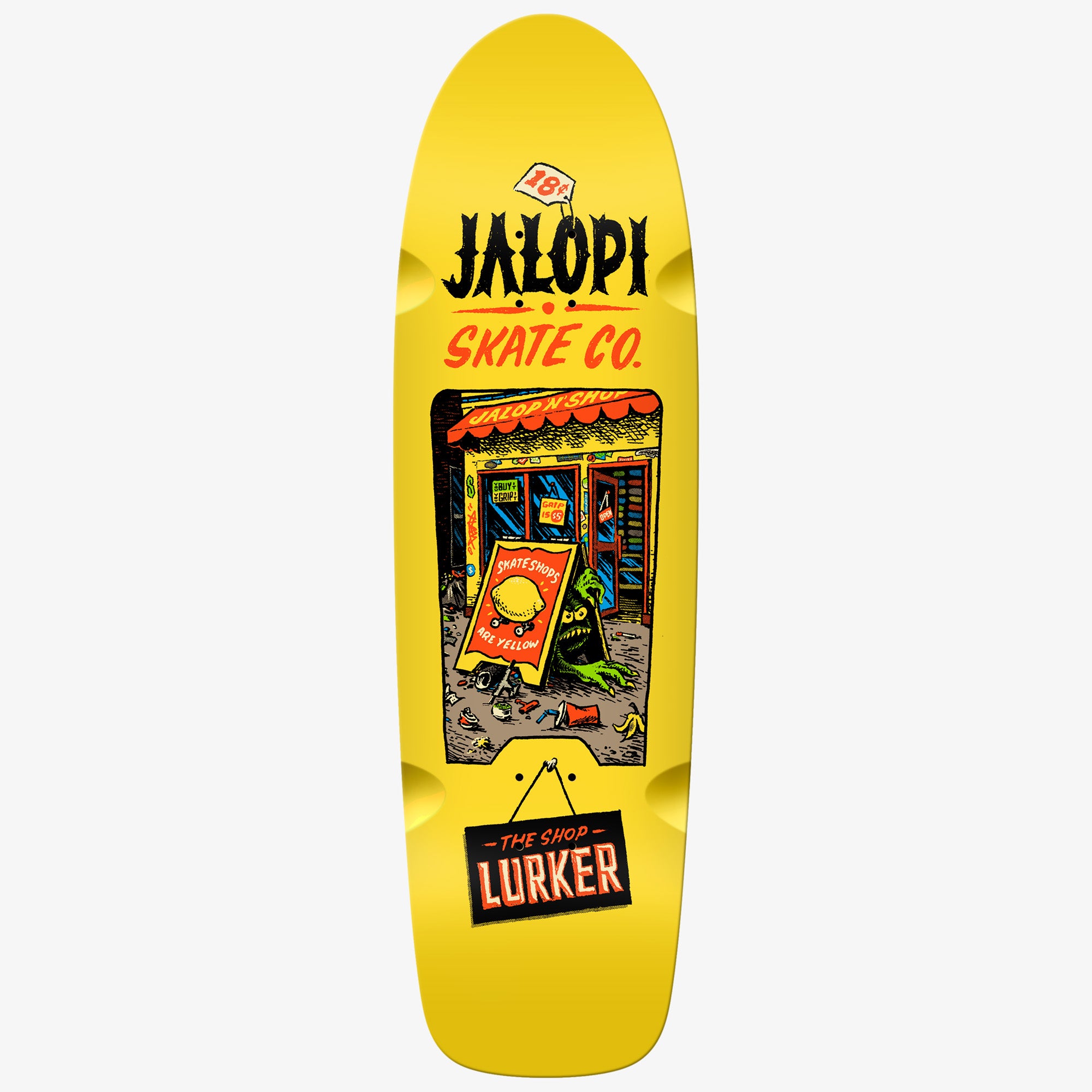 Yellow shaped Antihero Jalopy Shop Lurker skateboard deck for skate shop day 2026