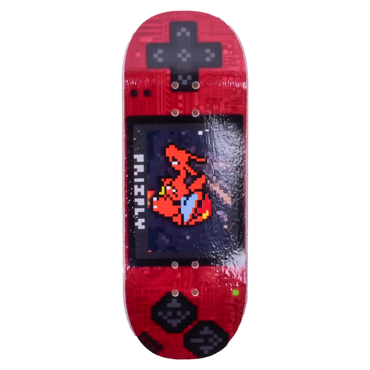 A novelty fingerboard deck printed with a retro handheld game console design, featuring a pixelated Pokemon - Charzard on the screen and red D-pad controls, shown against a plain white background.