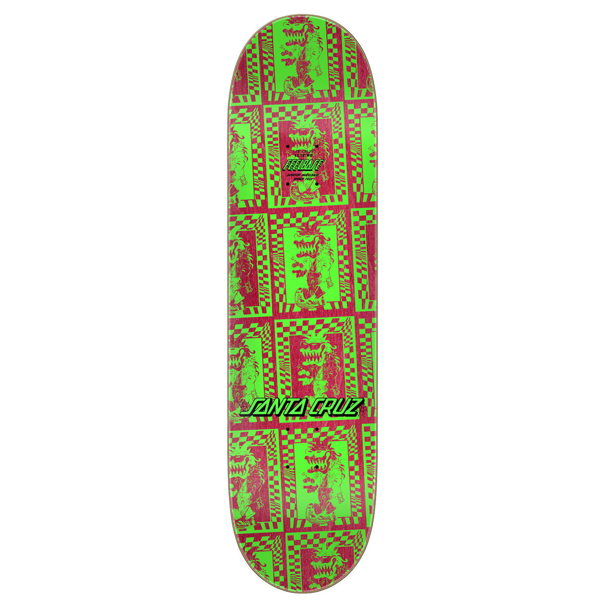 A Santa Cruz check gremlin skateboard deck top artwork featuring a vibrant neon green and hot pink checkerboard pattern with distressed graphic panels and the 'Santa Cruz' logo printed in green near the bottom.