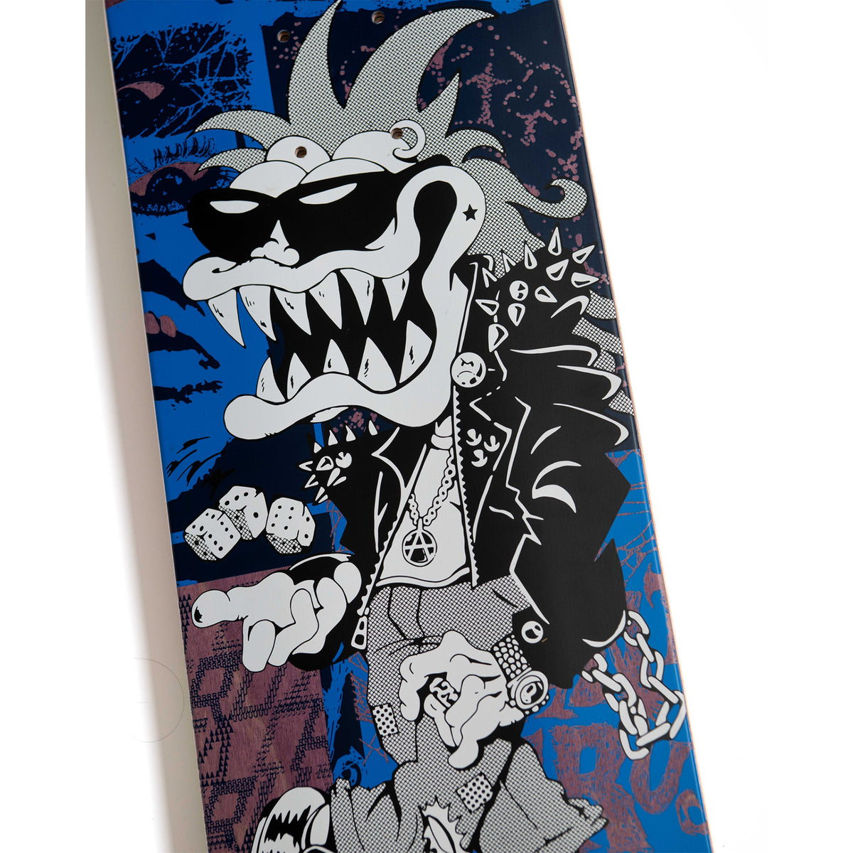 A santa cruz skateboard deck featuring a bold, graphic illustration of a stylized punk character with sharp teeth, sunglasses, and a spiked jacket, set against a blue and black background with white halftone patterns.