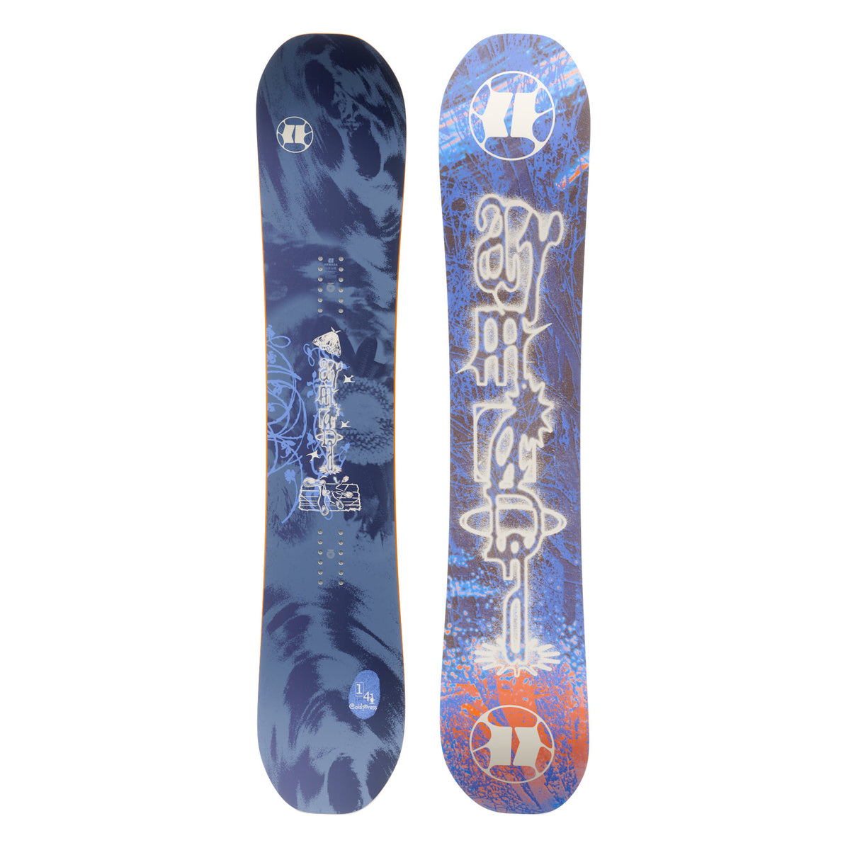 Top and bottom view of the 26/27 Armada Cold Press snowboard featuring a matte tonal blue top sheet and an abstract blue base with white 'Armada'