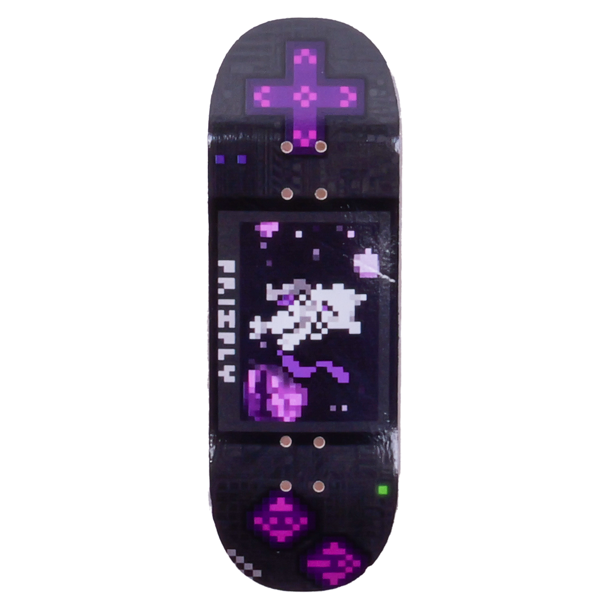 A novelty fingerboard deck printed with a retro handheld game console design, featuring a pixelated Pokemon - Mewtwo on the screen and blue D-pad controls, shown against a plain white background.