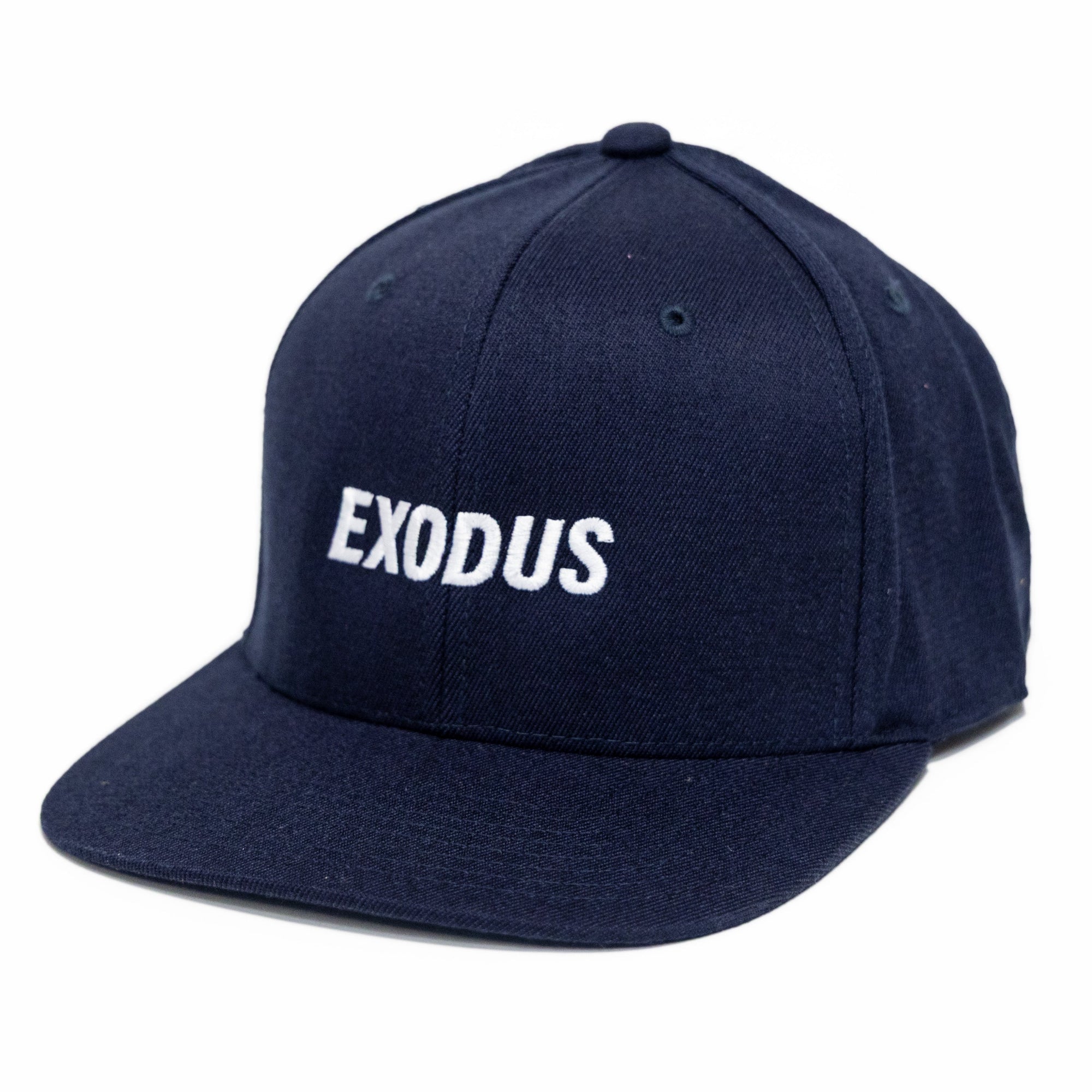 Navy skateboarding snapback hat with white Exodus embroidery