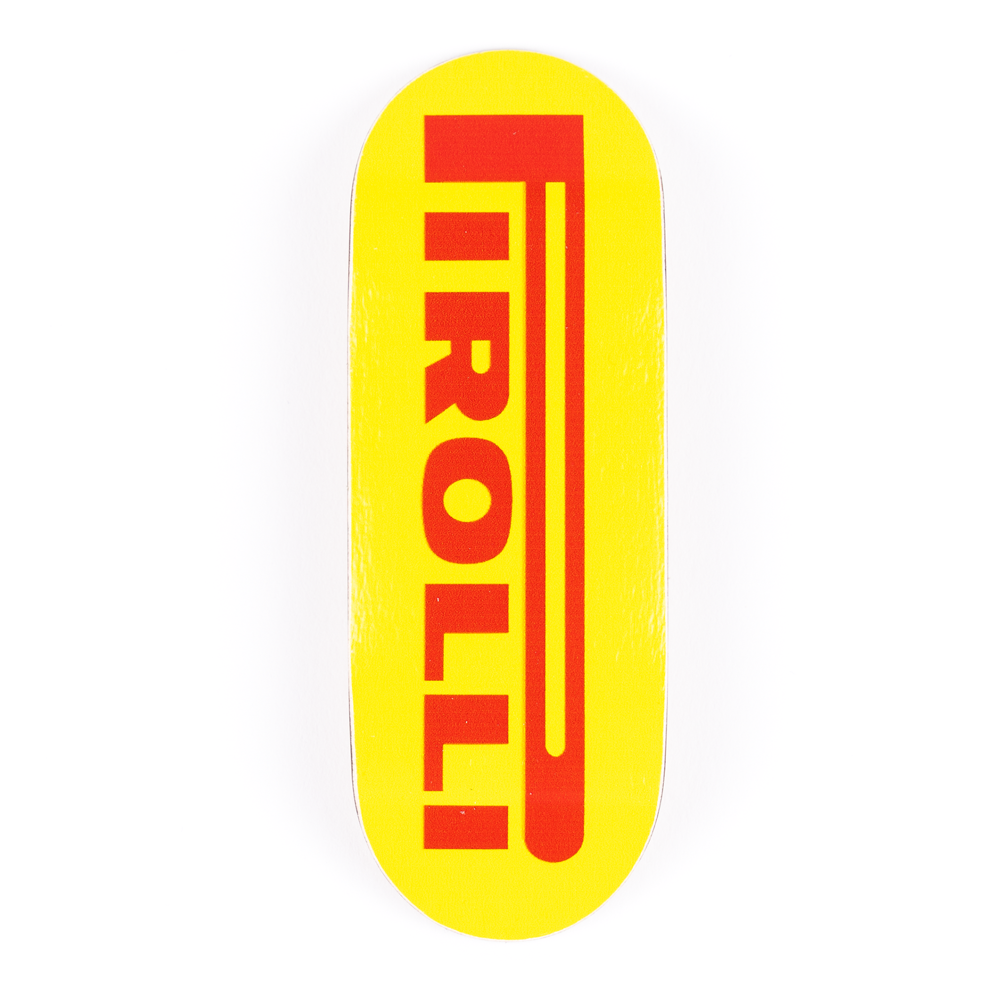 Pirelli tires parody Piro logo red on yellow fingerboard deck