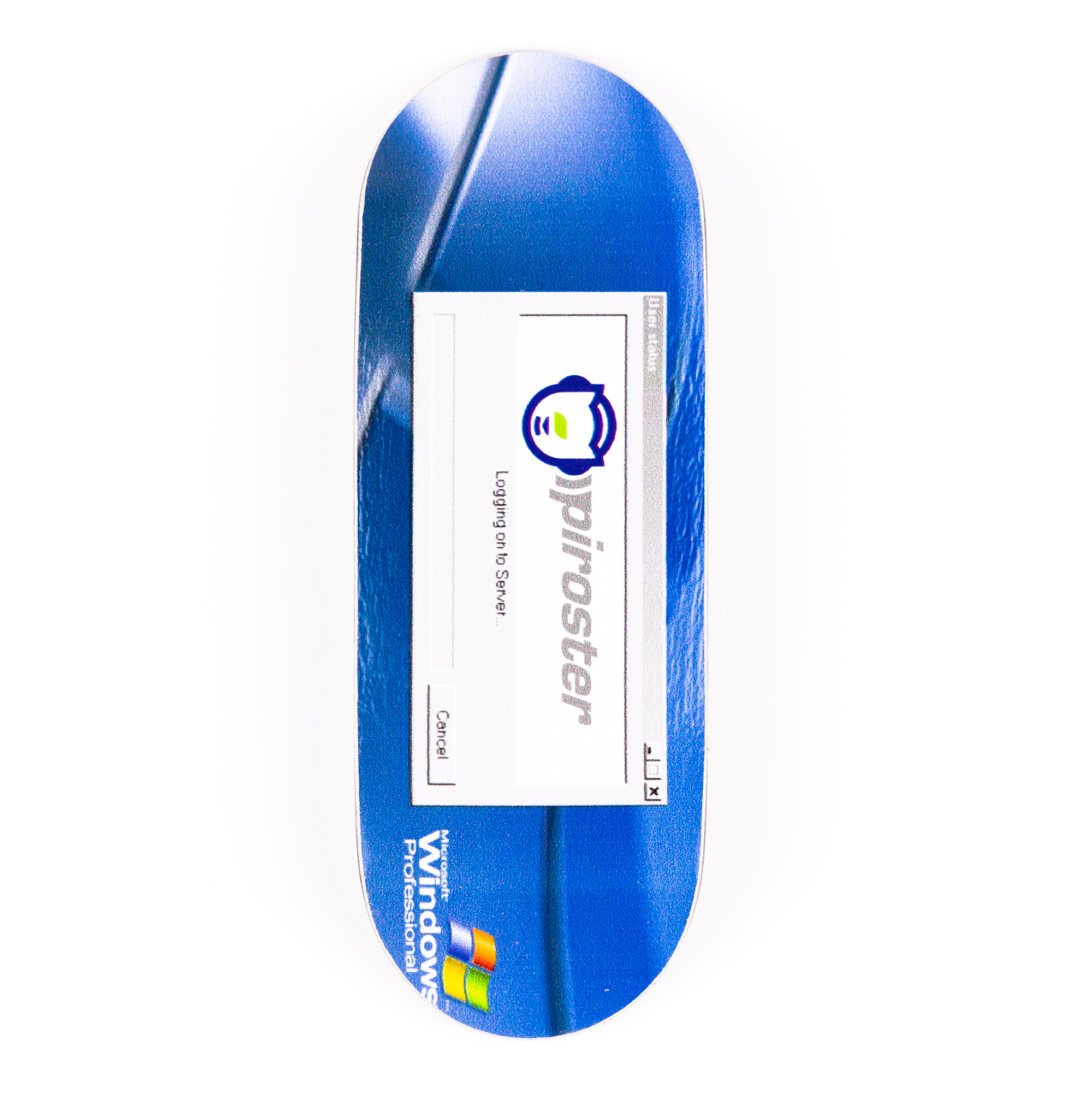 Blue fingerboard deck with a Windows logo and 'piroster' branding