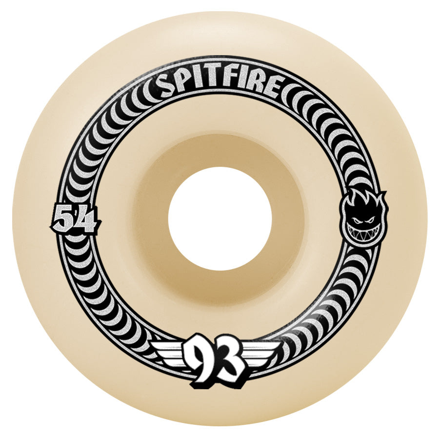 93D Formula Four Spitfire skateboard wheels wheels off white iwh a black and silver swirl graphic