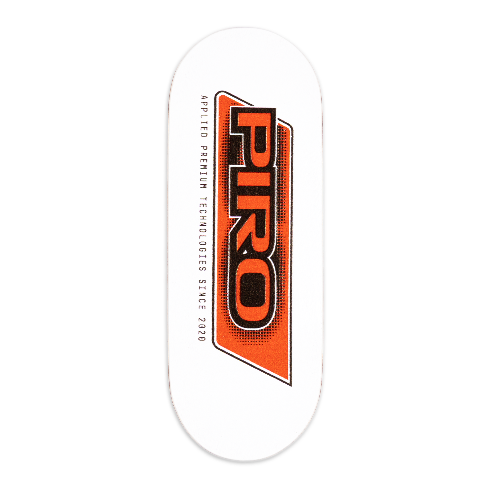 Red and black Piro graphic on a white fingerboard deck