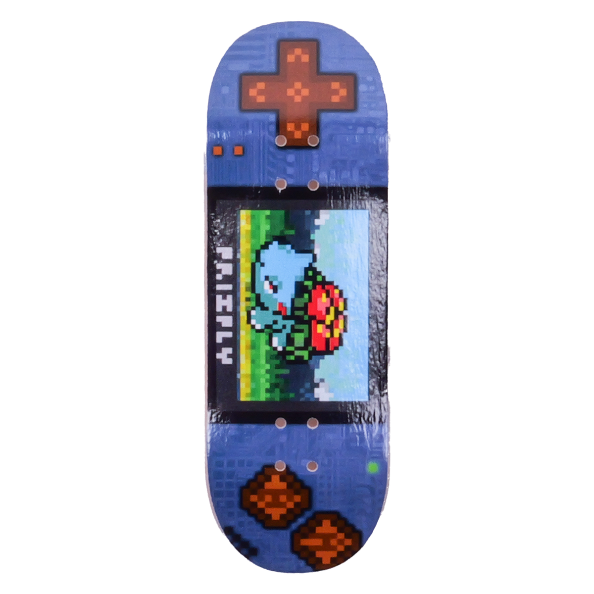 A novelty fingerboard deck printed with a retro handheld game console design, featuring a pixelated Pokemon - Venusaur on the screen and blue D-pad controls, shown against a plain white background.