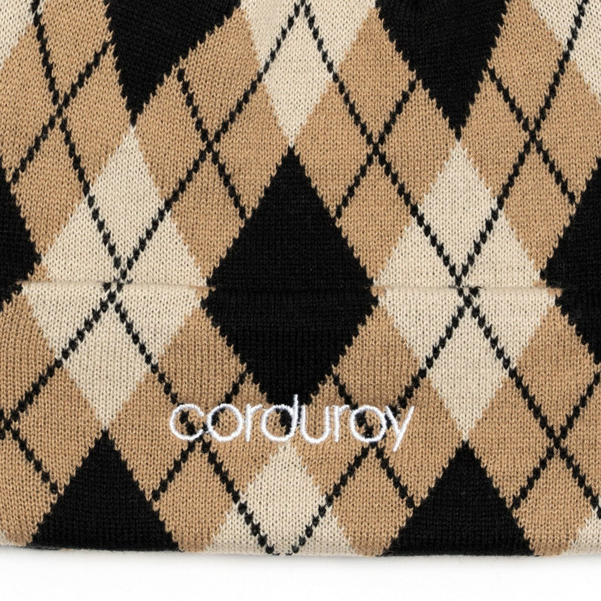 Tan Argyle Corduroy Beanie Close Up
