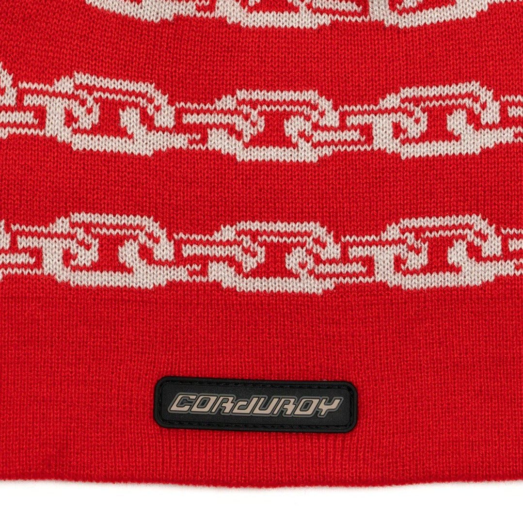 Red Shackle Corduroy Beanie Close Up