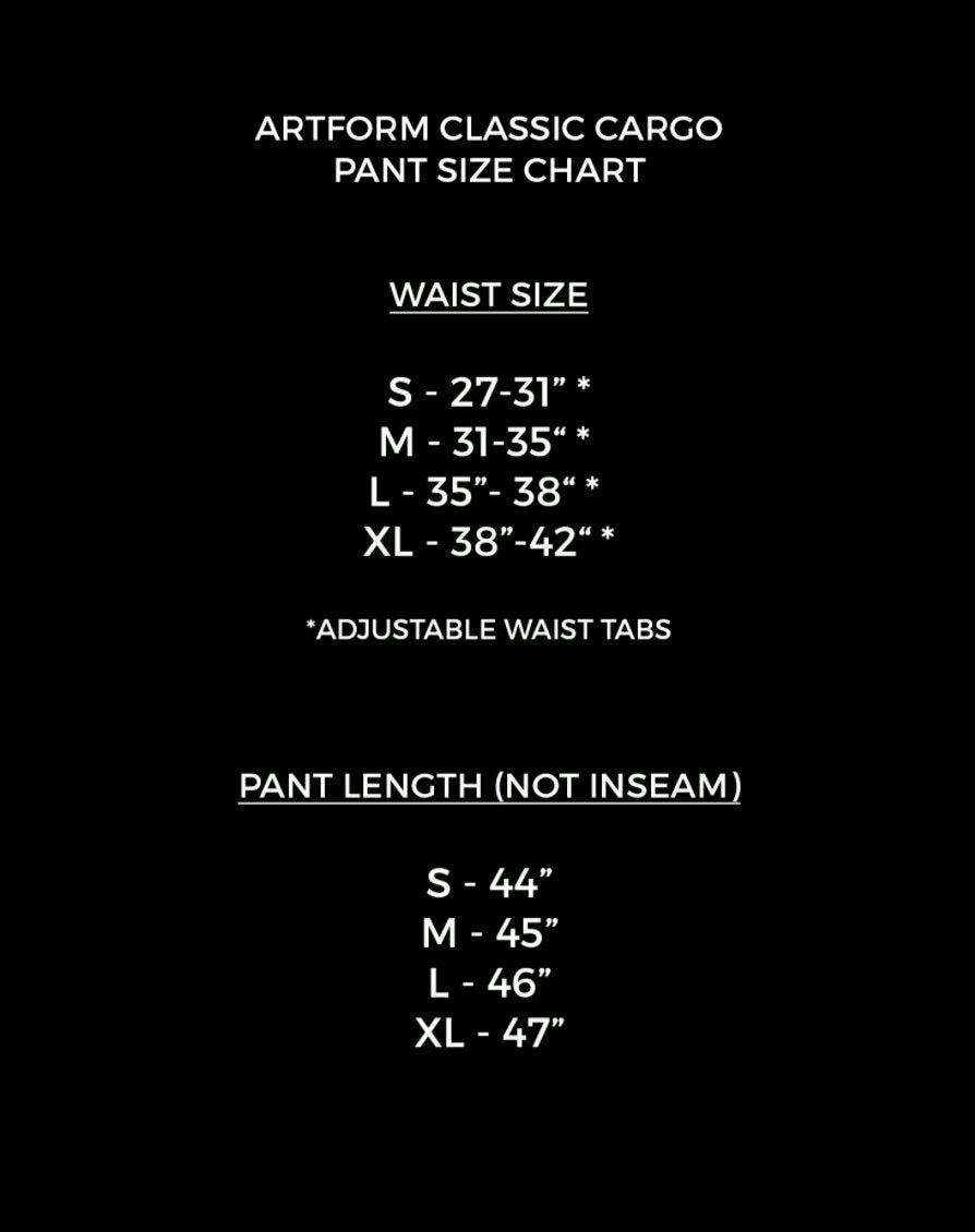 Artform Cargo Pant Size Chart