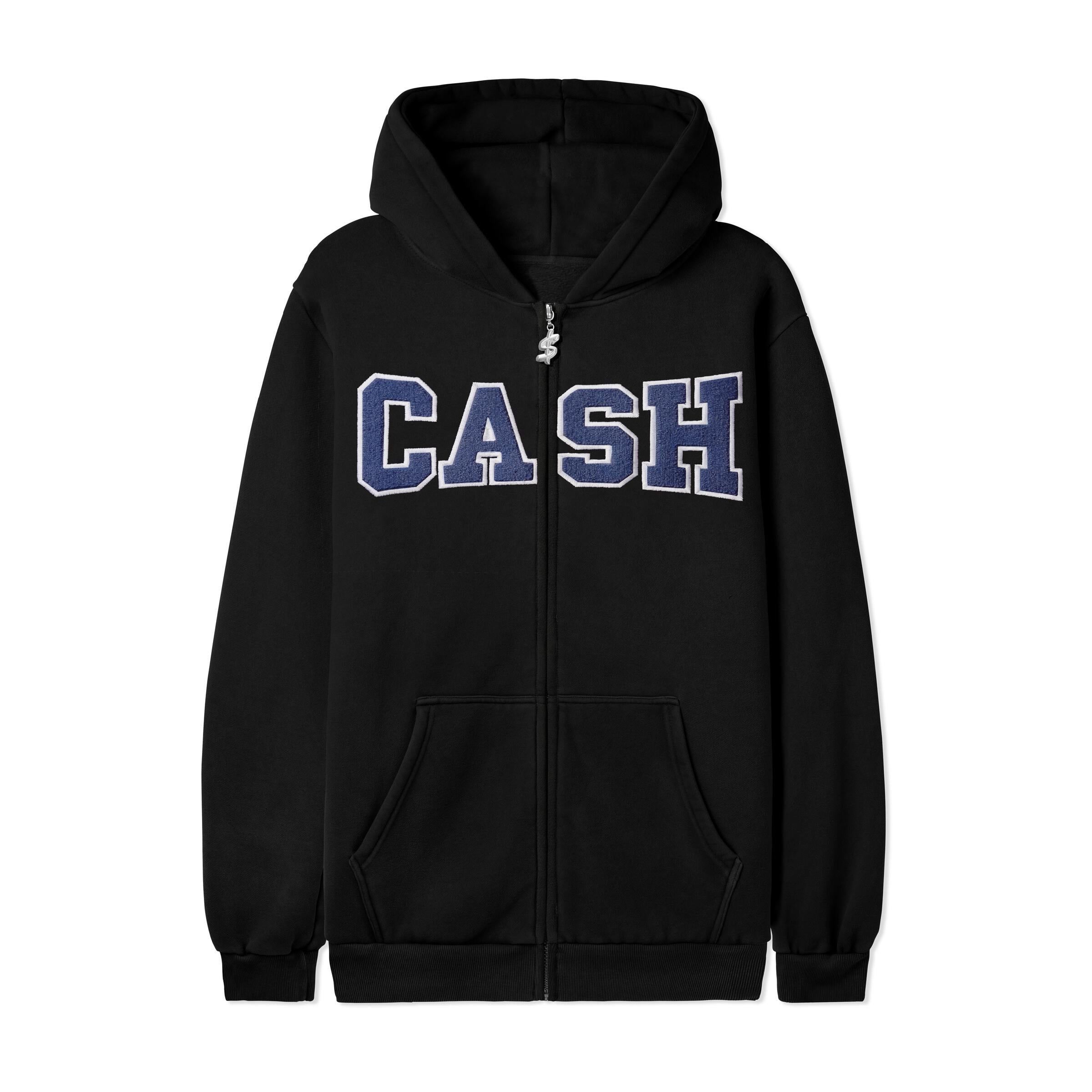 Black Zip up Cash Only Skateboarding hoodie with blue logo