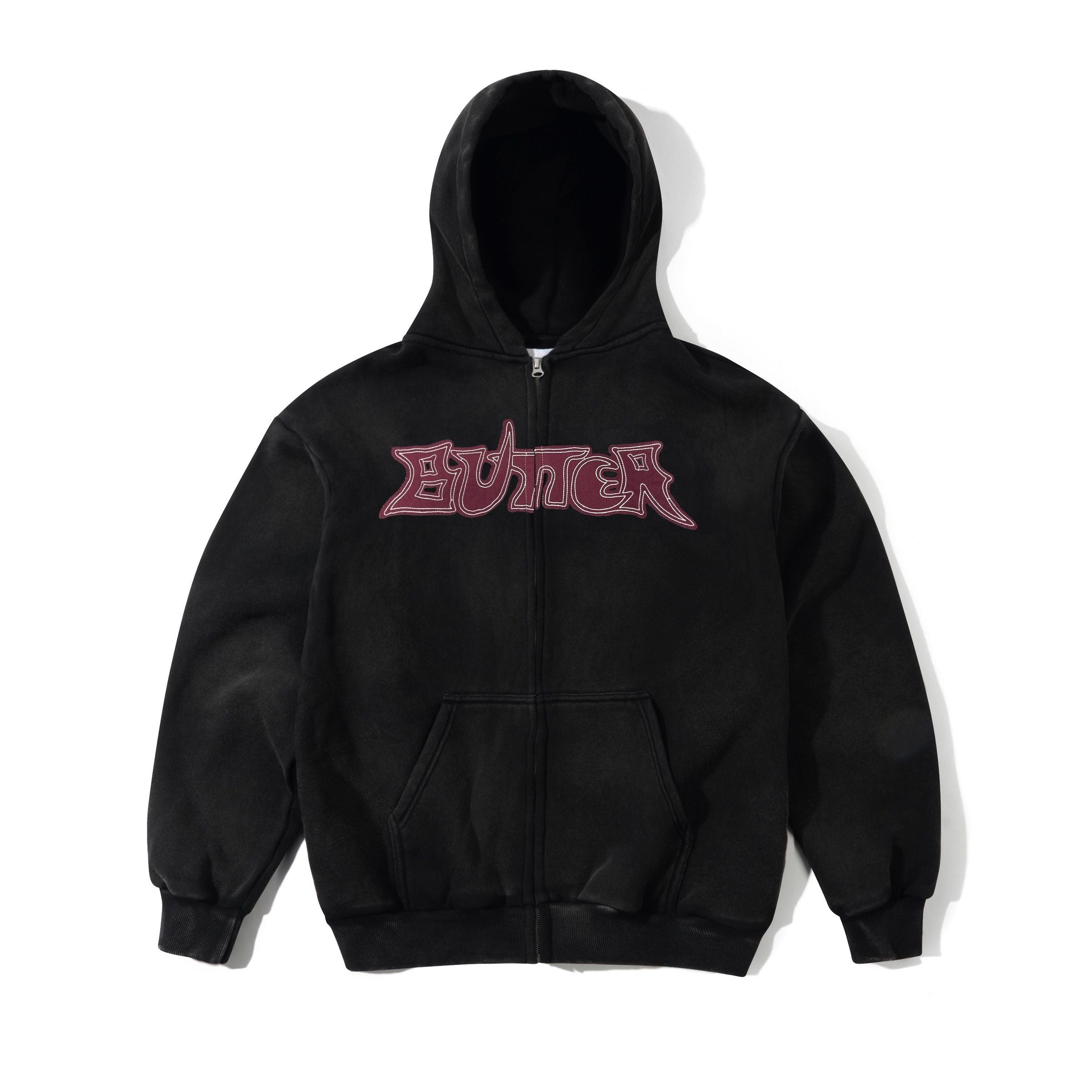 Black Butter Gioods zip up hoodie with burgundy patch logo