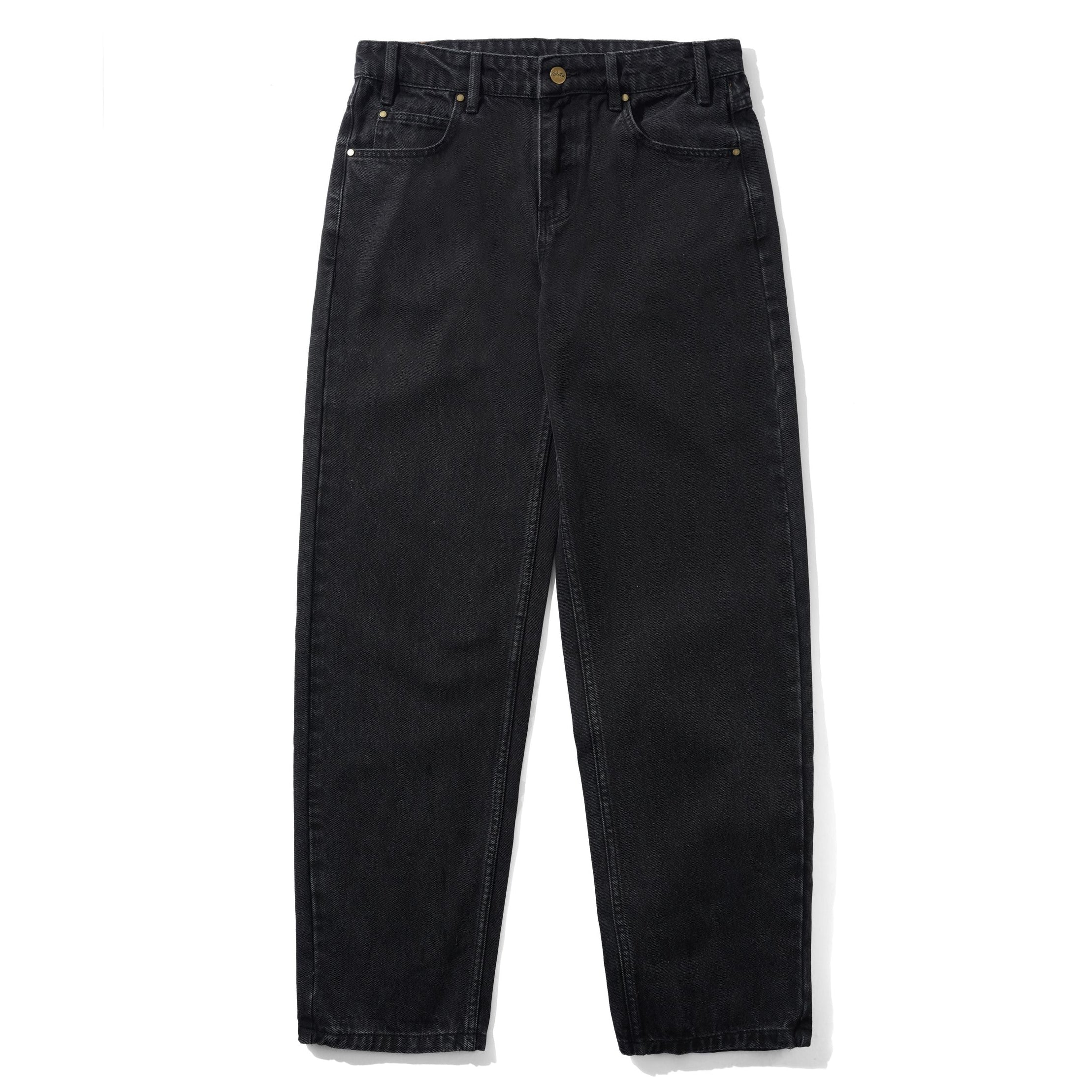 Washed black Butter Goods straight leg skate jeans with small patch logo