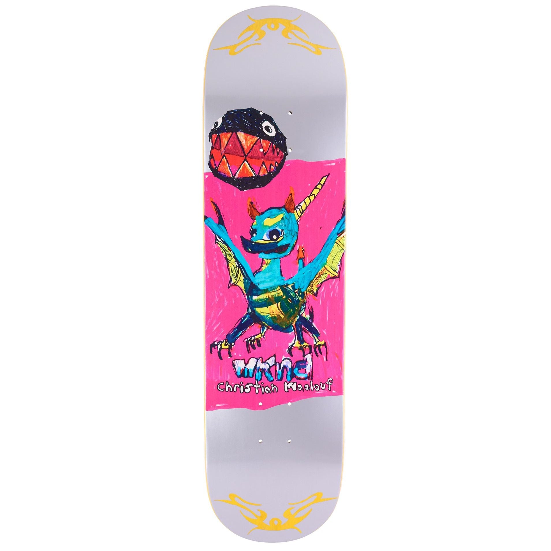Maalouf Portal WKND skateboard deck white background with a chomp and spyro the dragon graphic