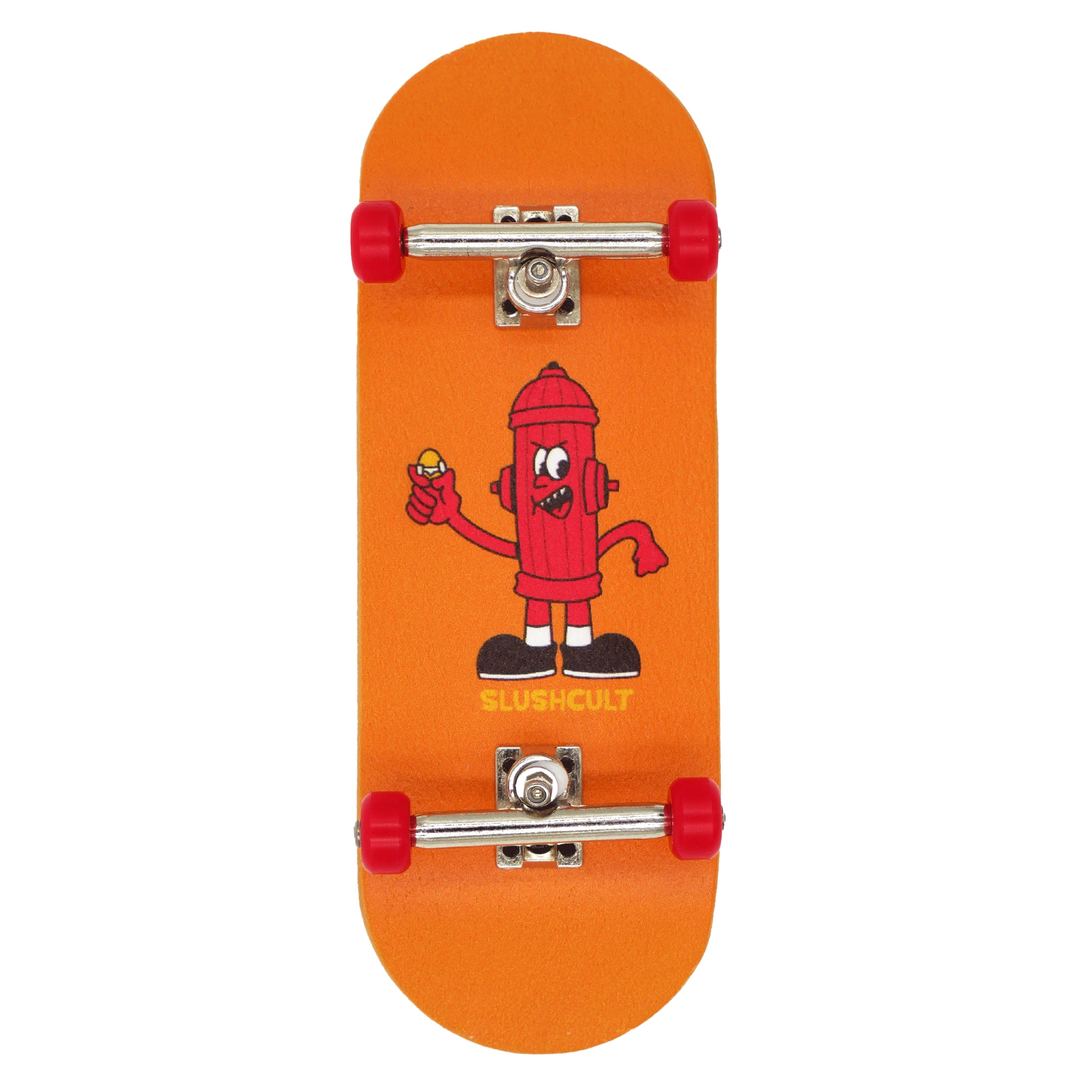 Orange Hydrant Slushcult complete fingerboard with wood deck and red bearing wheels