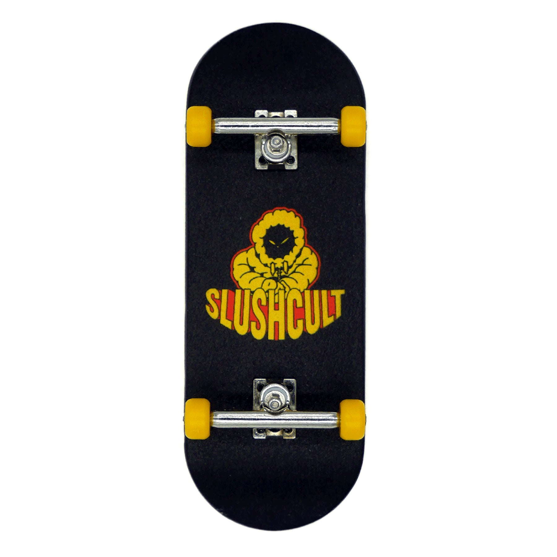Black and yellow Burr Slushcult complete fingerboard with wood deck and yellow bearing wheels